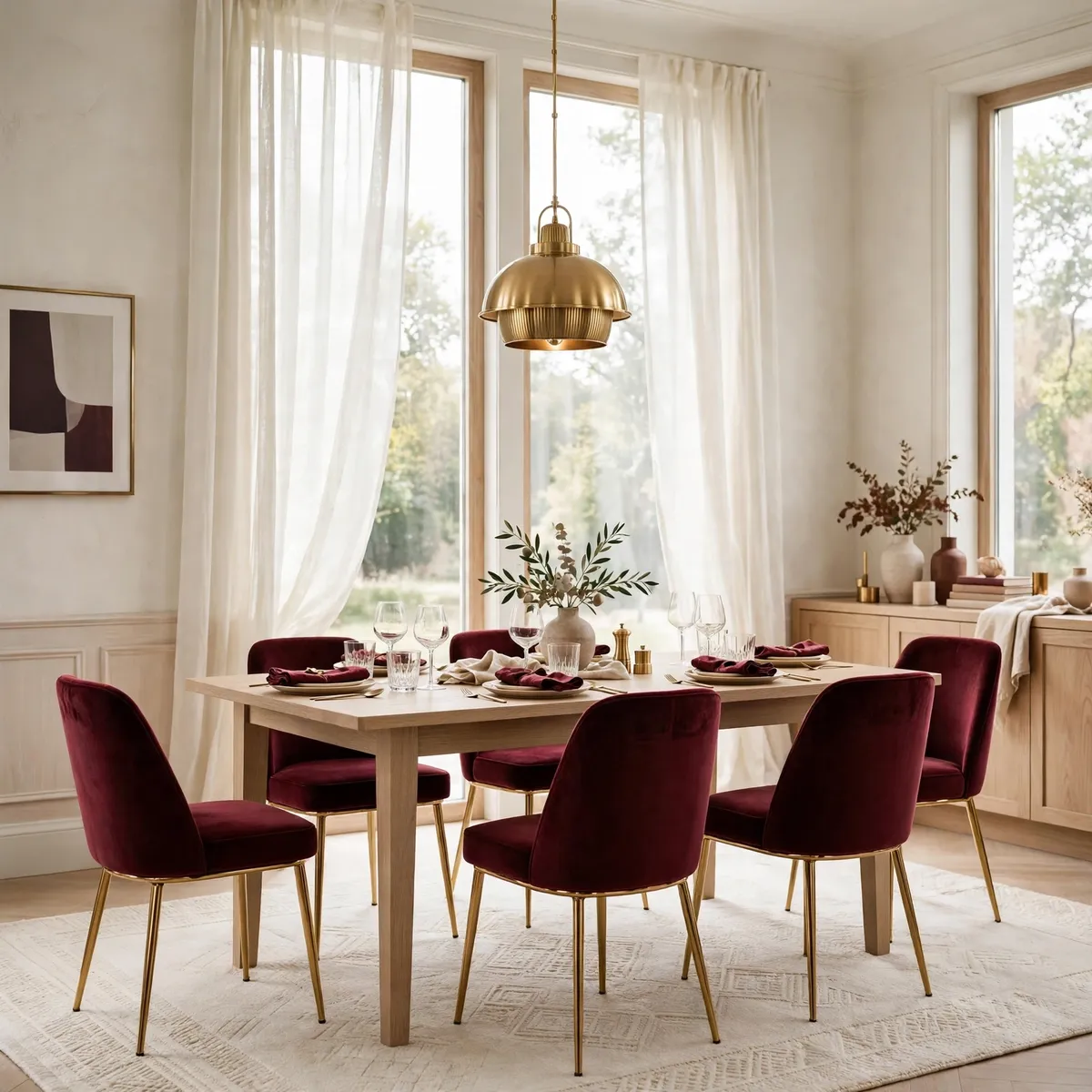 burgundy home decor ideas: bright dining room with burgundy velvet chairs and a light oak table