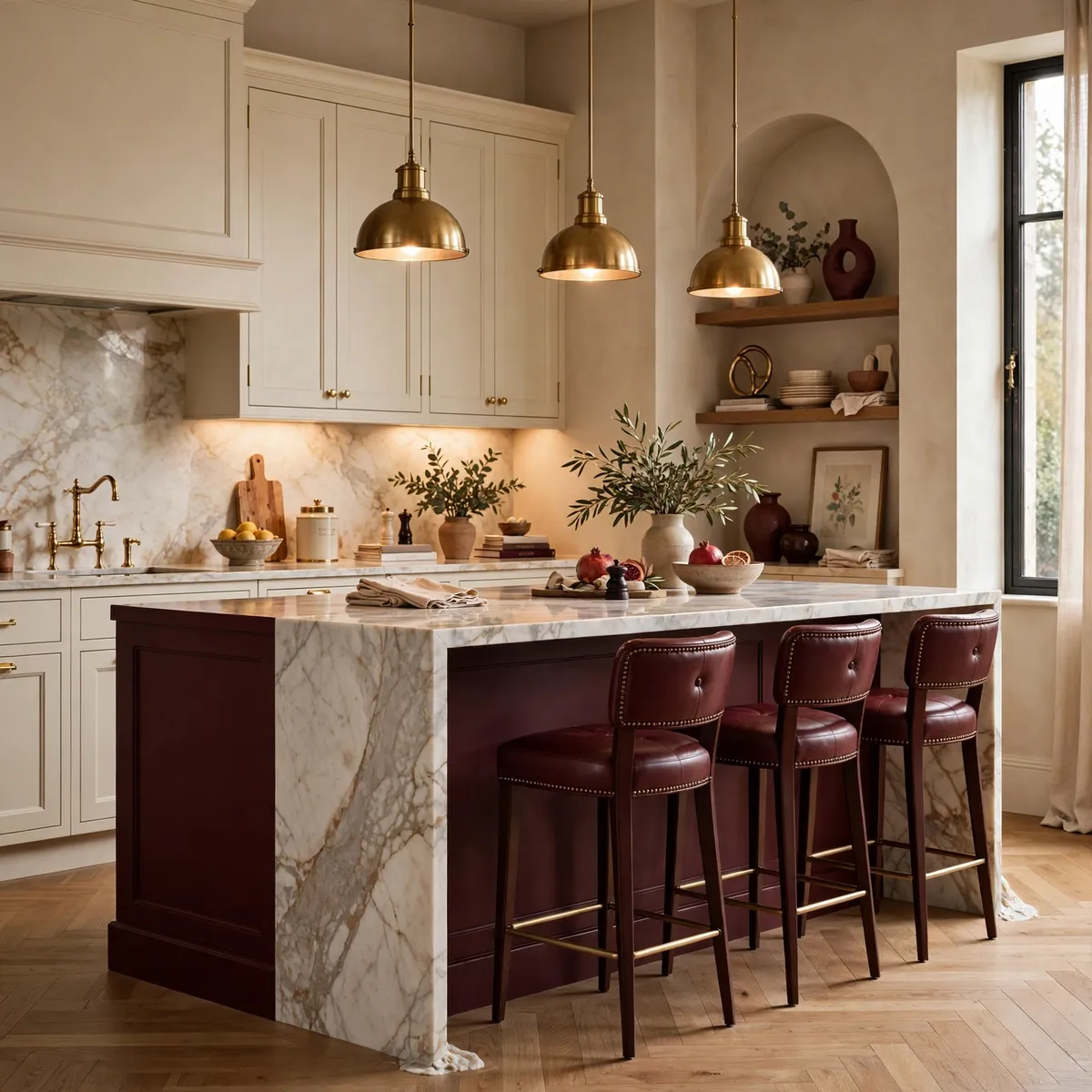 burgundy home decor ideas: kitchen with a burgundy island, marble countertop, and brass hardware