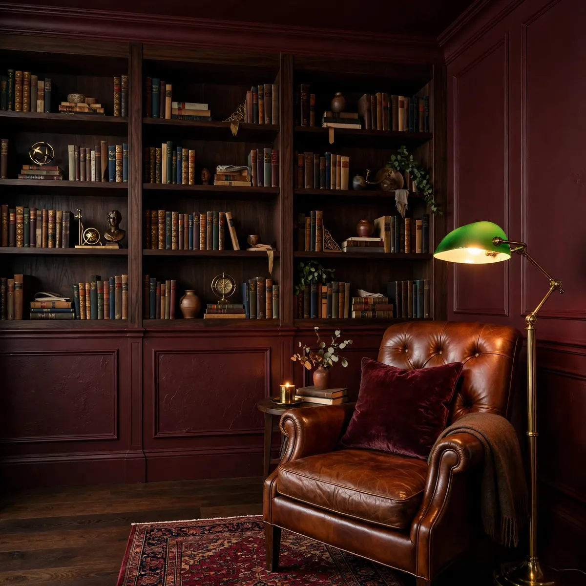 burgundy home decor ideas: moody home library with burgundy walls and a leather reading chair