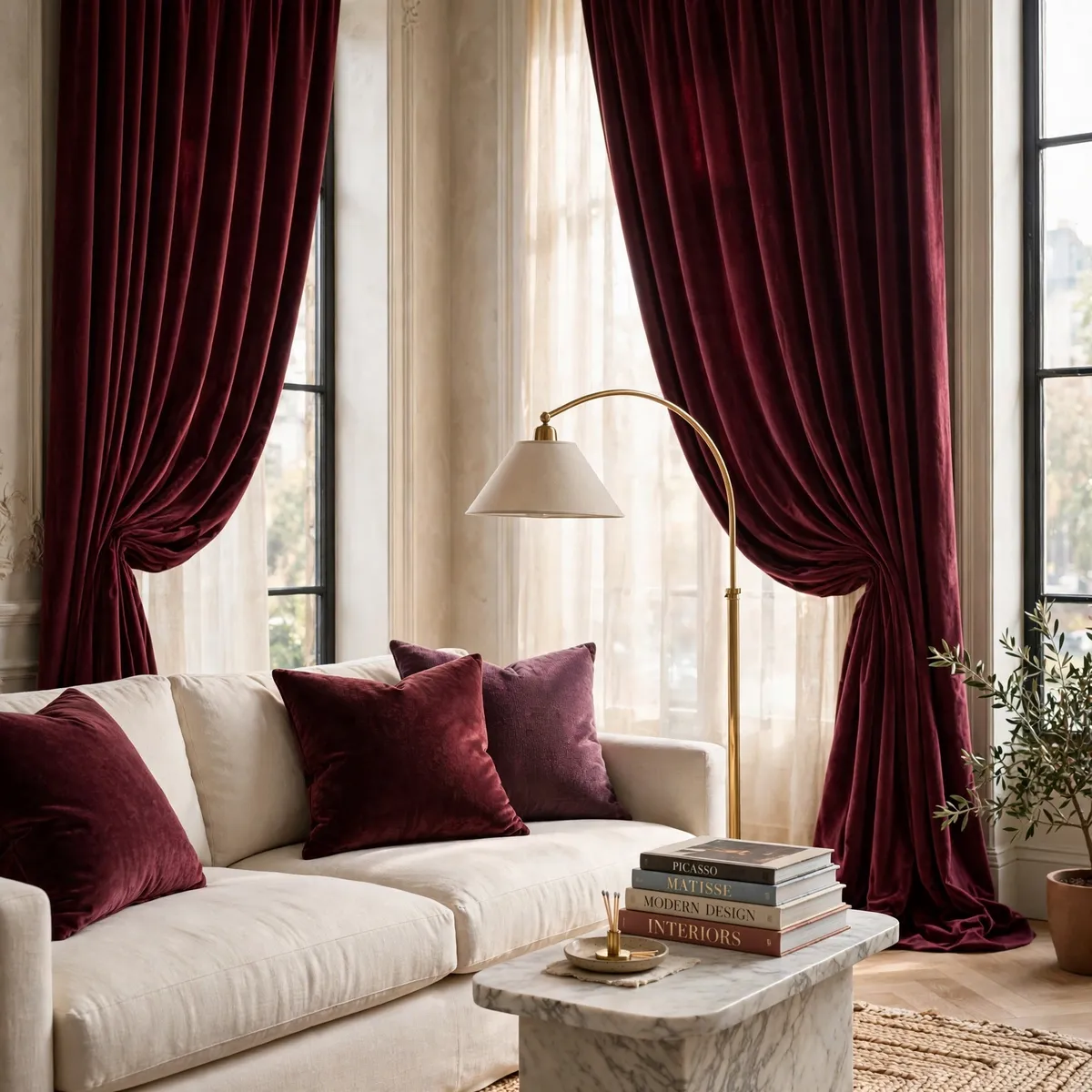 burgundy home decor ideas: living room with floor-to-ceiling burgundy velvet curtains