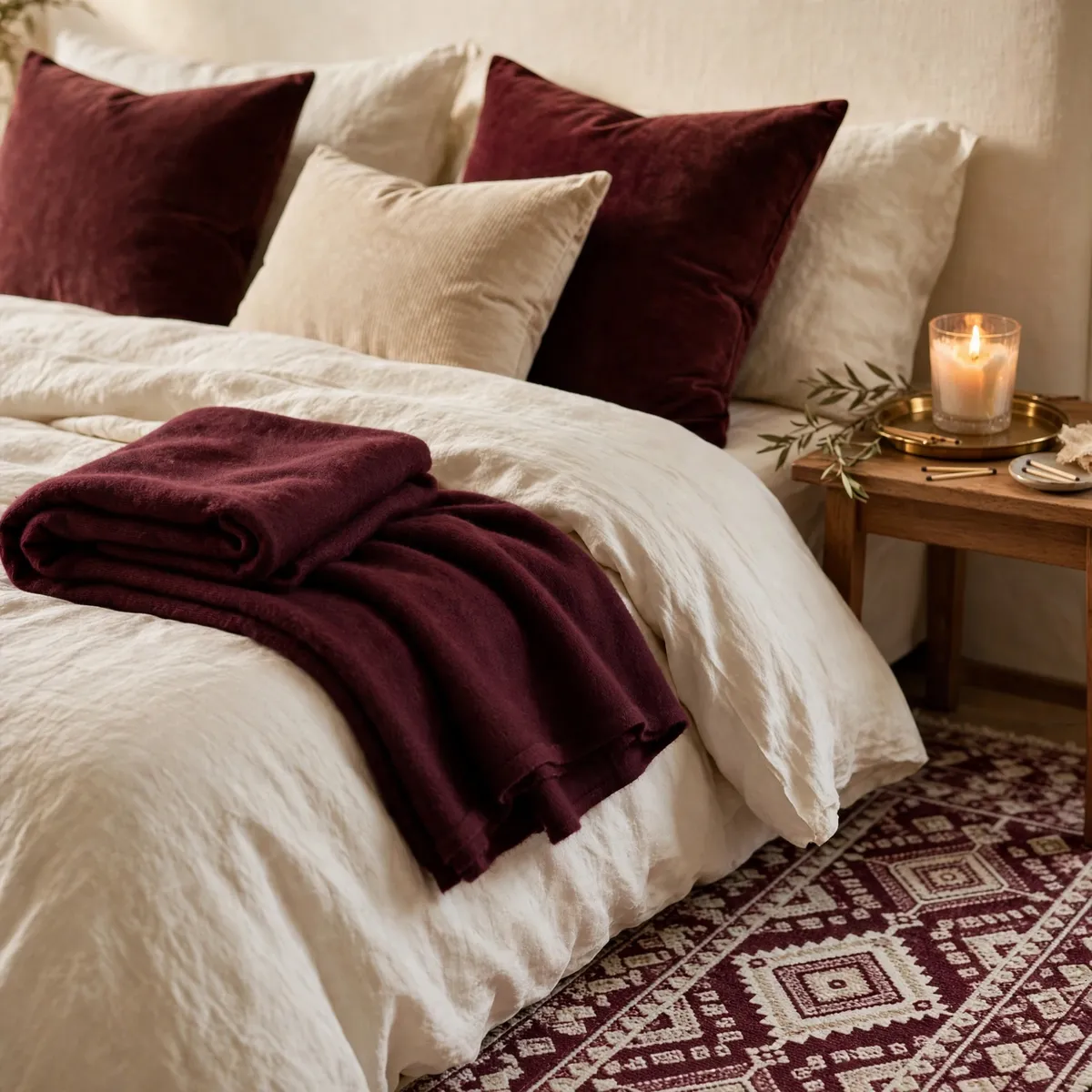 burgundy home decor ideas: cream bedroom styled with a burgundy rug, throw, and cushions