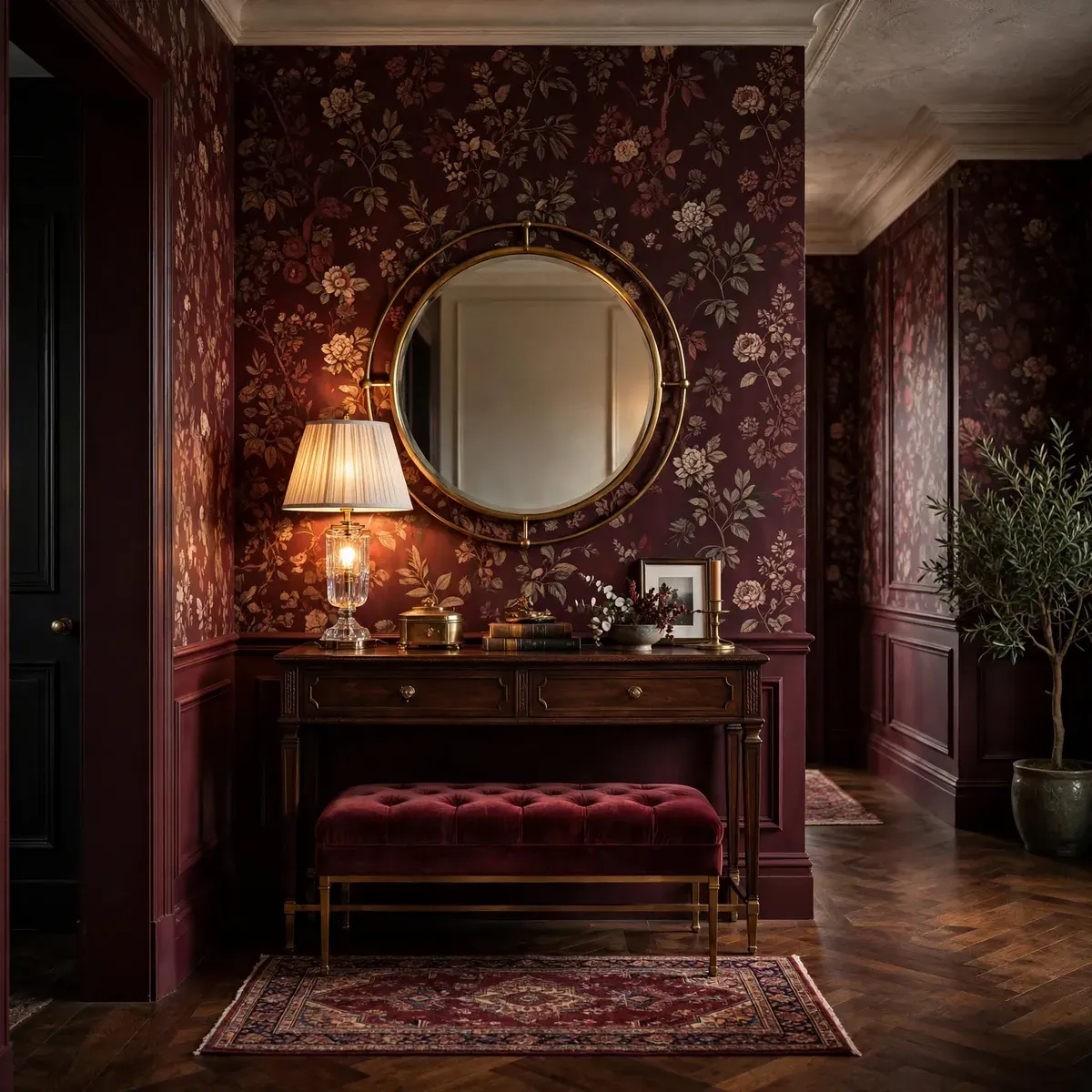 burgundy home decor ideas: hallway with burgundy botanical wallpaper and a brass mirror