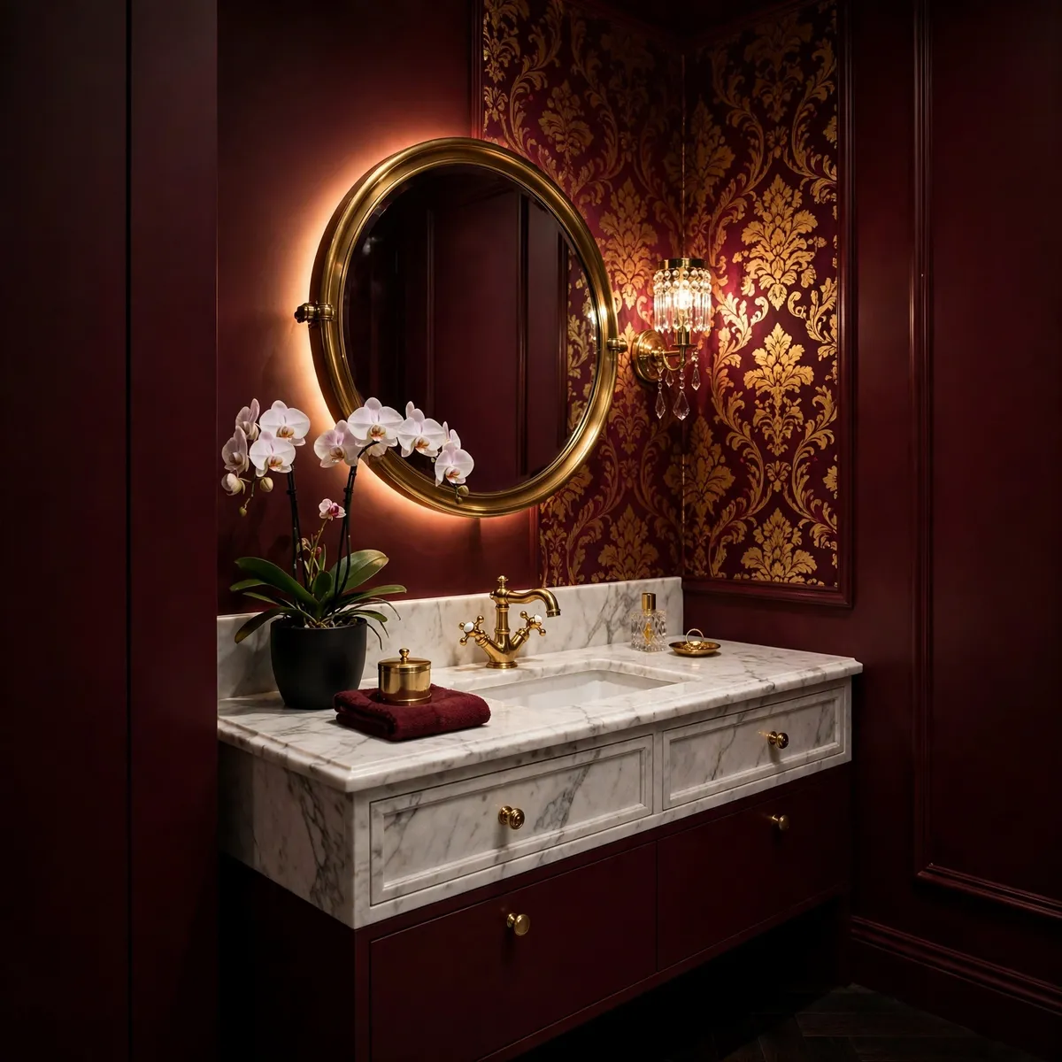 burgundy home decor ideas: powder room with burgundy walls, marble vanity, and brass fixtures