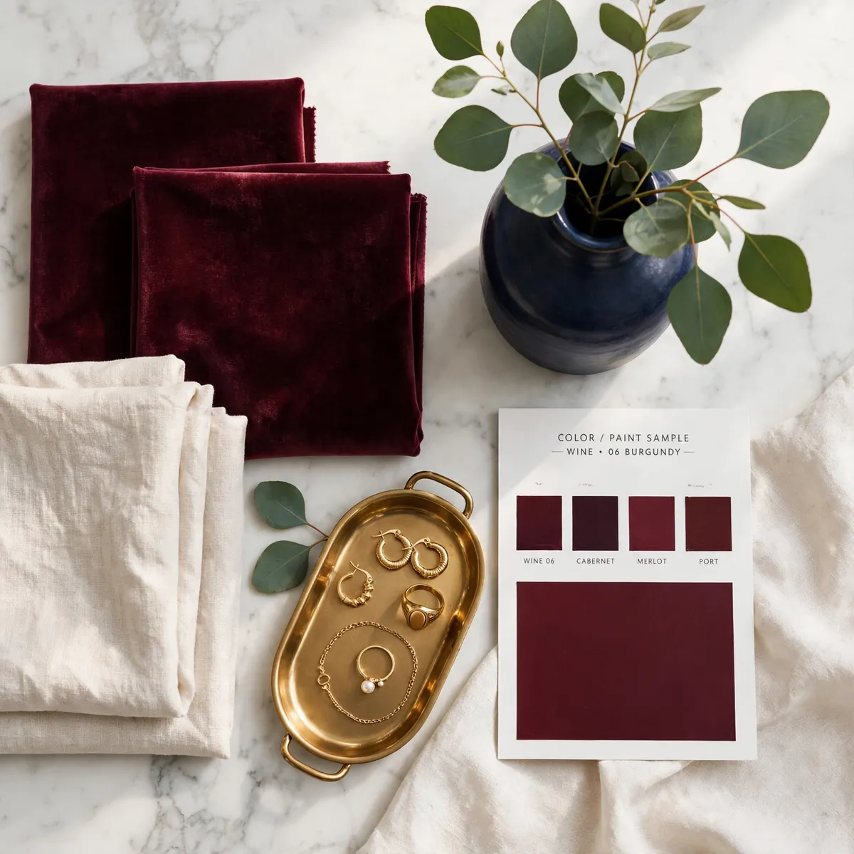 burgundy home decor ideas: designer flat lay of burgundy, cream, navy, and brass color pairings