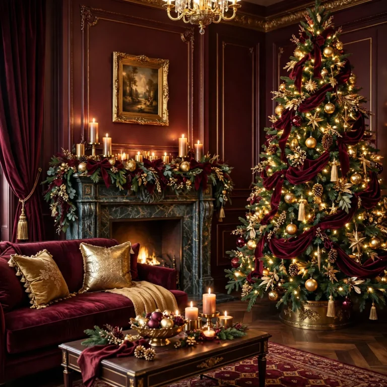 Sumptuous burgundy Christmas decorations in a luxurious holiday home