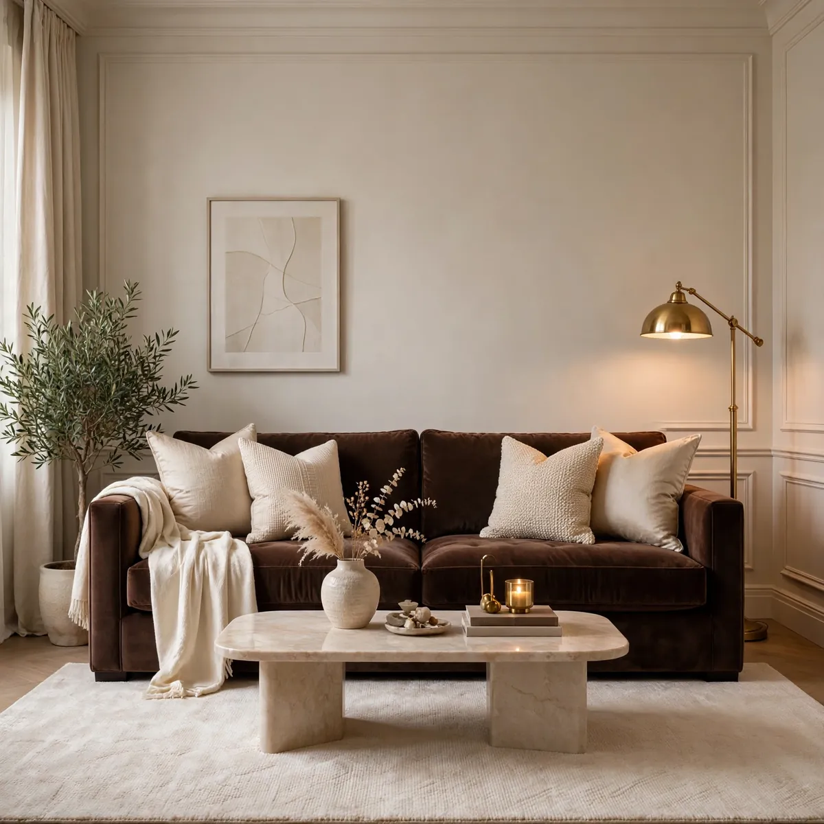 Velvet chocolate brown living room ideas with a deep brown sofa, cream pillows, and brass floor lamp