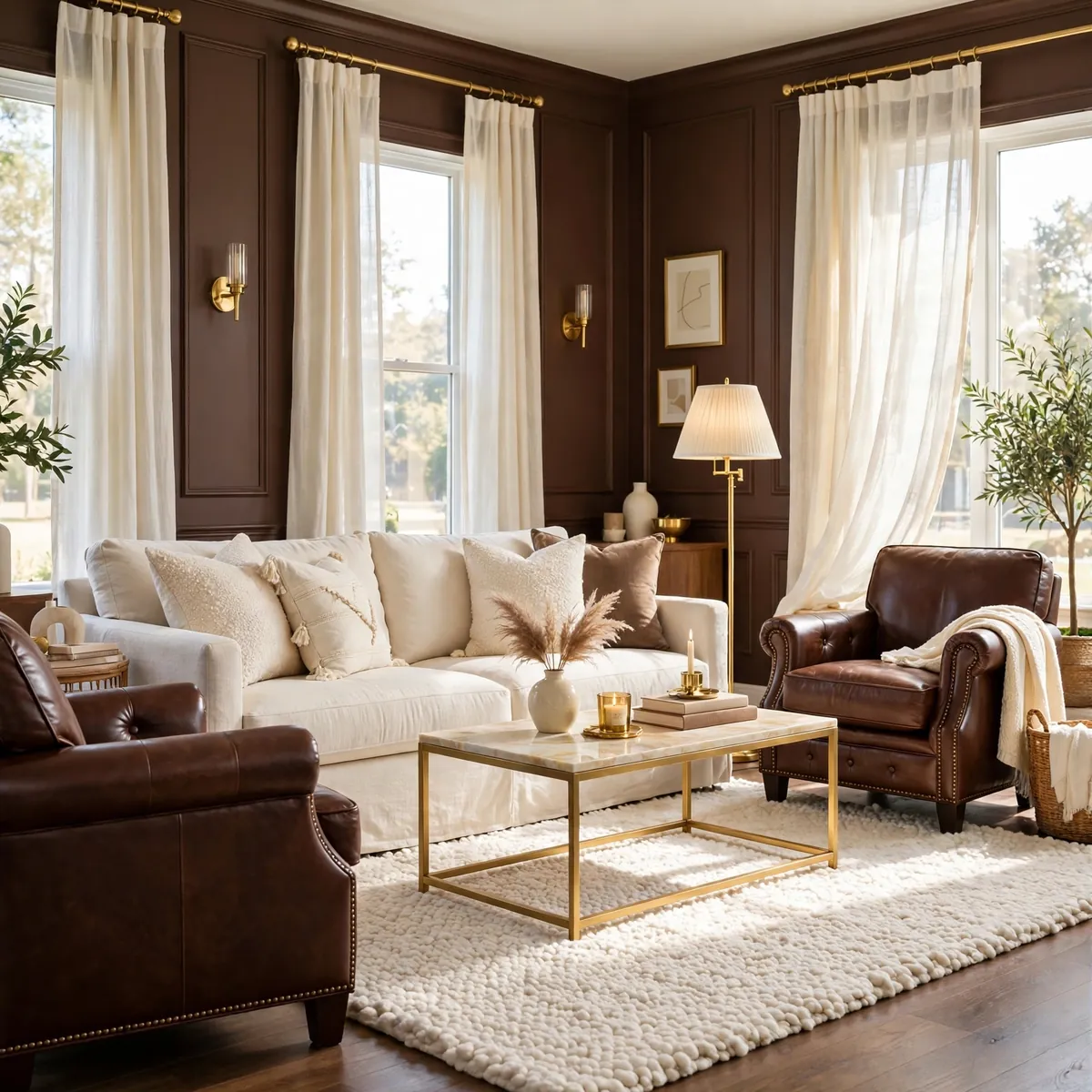 Cream and ivory chocolate brown living room ideas with a brown leather chair, cream linen sofa, and ivory rug