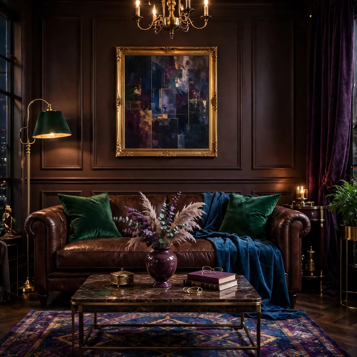 Jewel-tone chocolate brown living room ideas with emerald cushions, sapphire throw, and gold accents