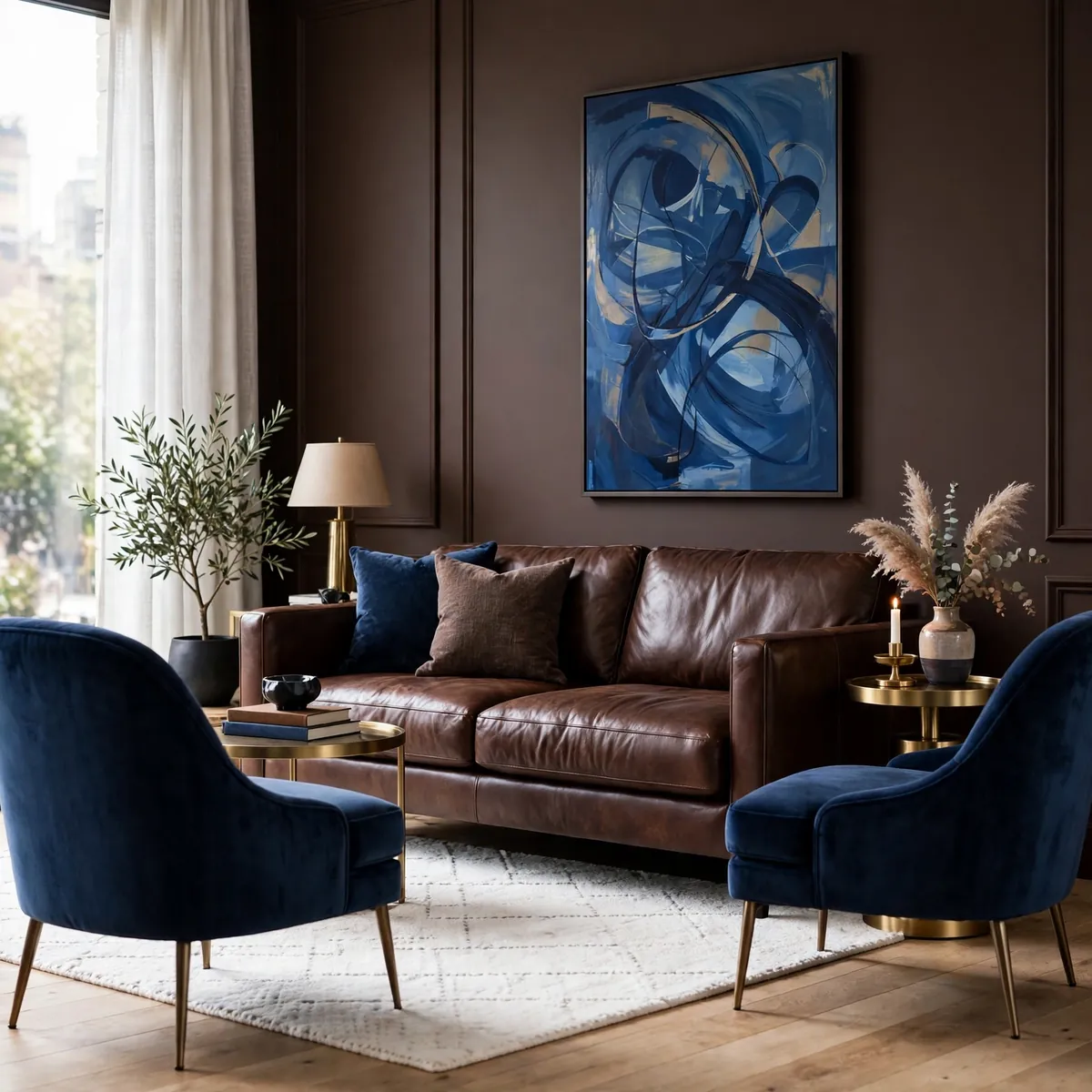 Navy and teal chocolate brown living room ideas with a brown leather sofa and navy velvet accent chairs