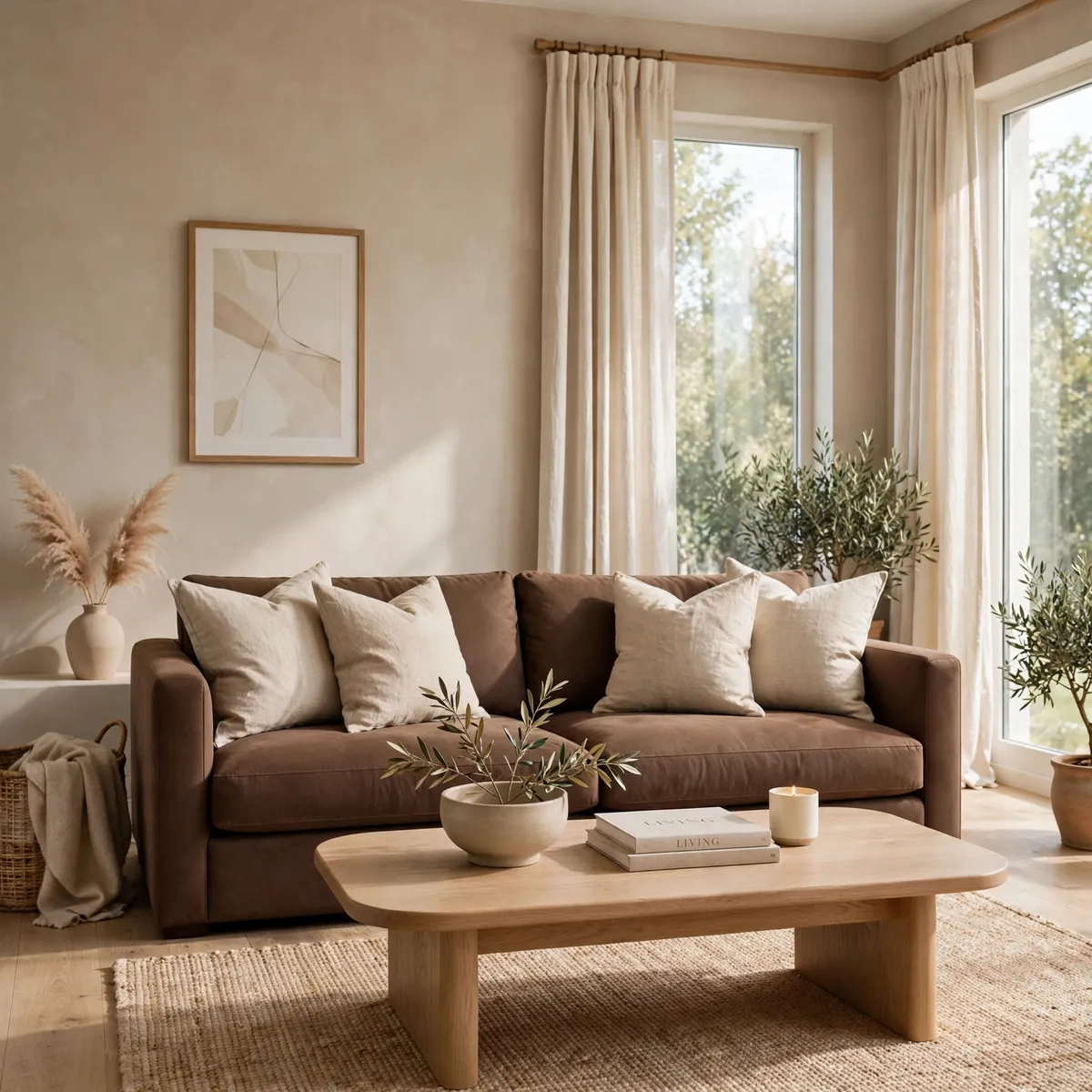 Warm greige wall chocolate brown living room ideas with a brown sofa and bright natural daylight