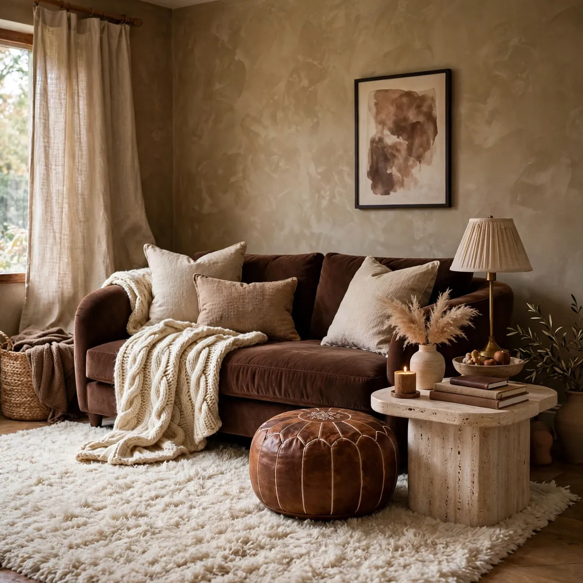 Textured chocolate brown living room ideas with velvet sofa, wool throw, leather pouf, and linen cushions