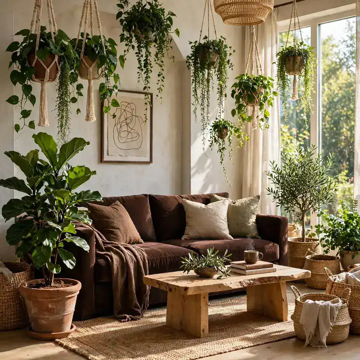 Green plant chocolate brown living room ideas with a dark brown sofa and fiddle leaf fig in terracotta planter