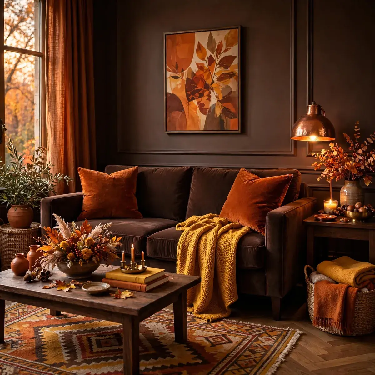 Rust and mustard chocolate brown living room ideas with burnt orange pillows and a mustard throw blanket