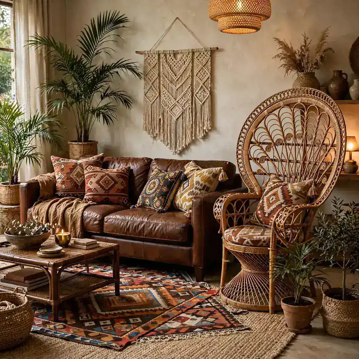 Boho chocolate brown living room ideas with a leather sofa, rattan chair, macrame wall hanging, and layered rugs