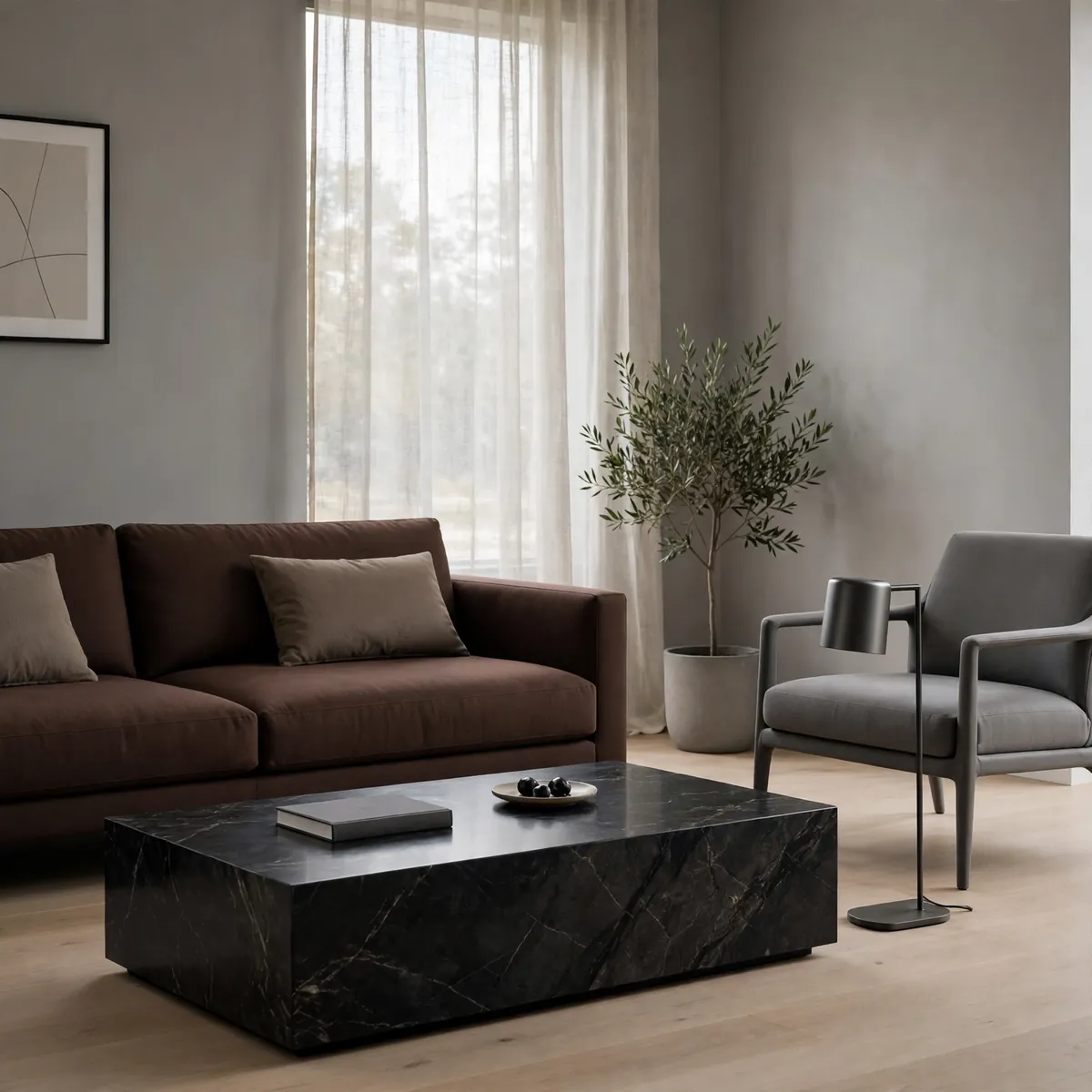 Modern minimalist chocolate brown living room ideas with a brown sofa, soft gray walls, and clean lines