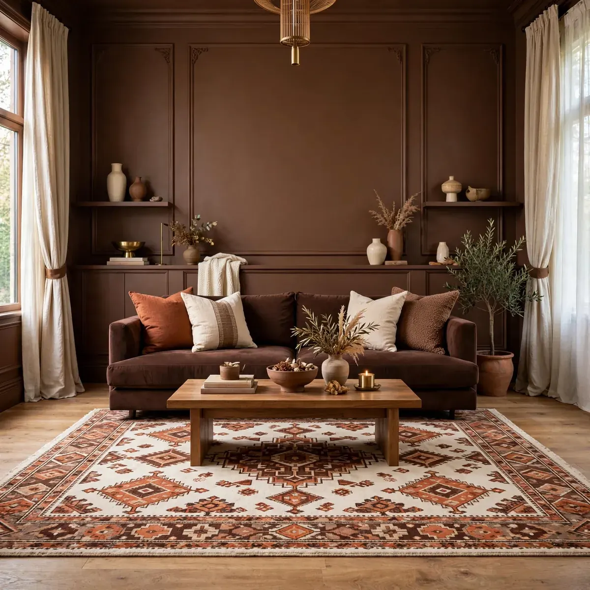 Patterned area rug chocolate brown living room ideas with a cream terracotta rug under a brown sofa