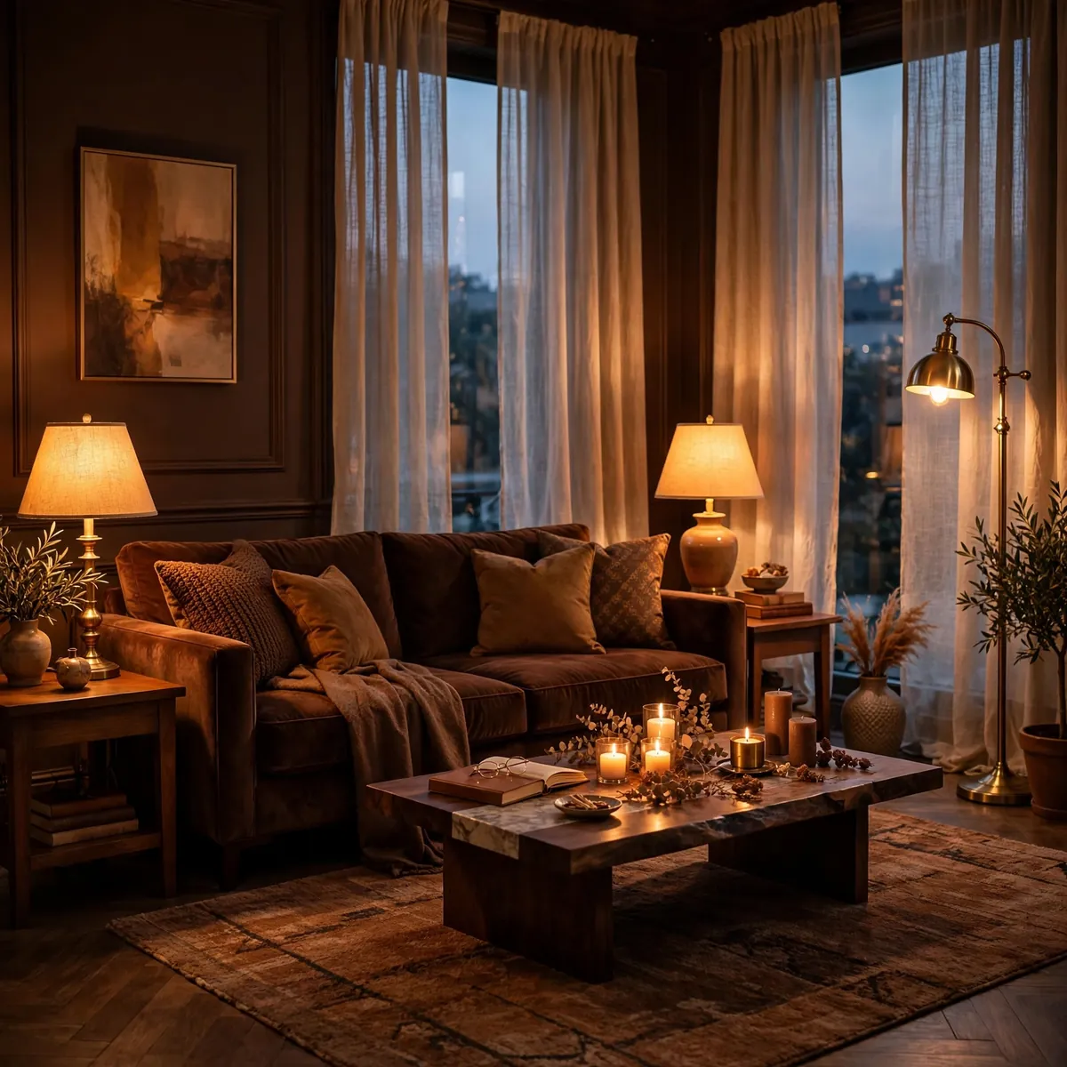 Warmly lit chocolate brown living room ideas with layered lamps keeping the brown palette from feeling dark
