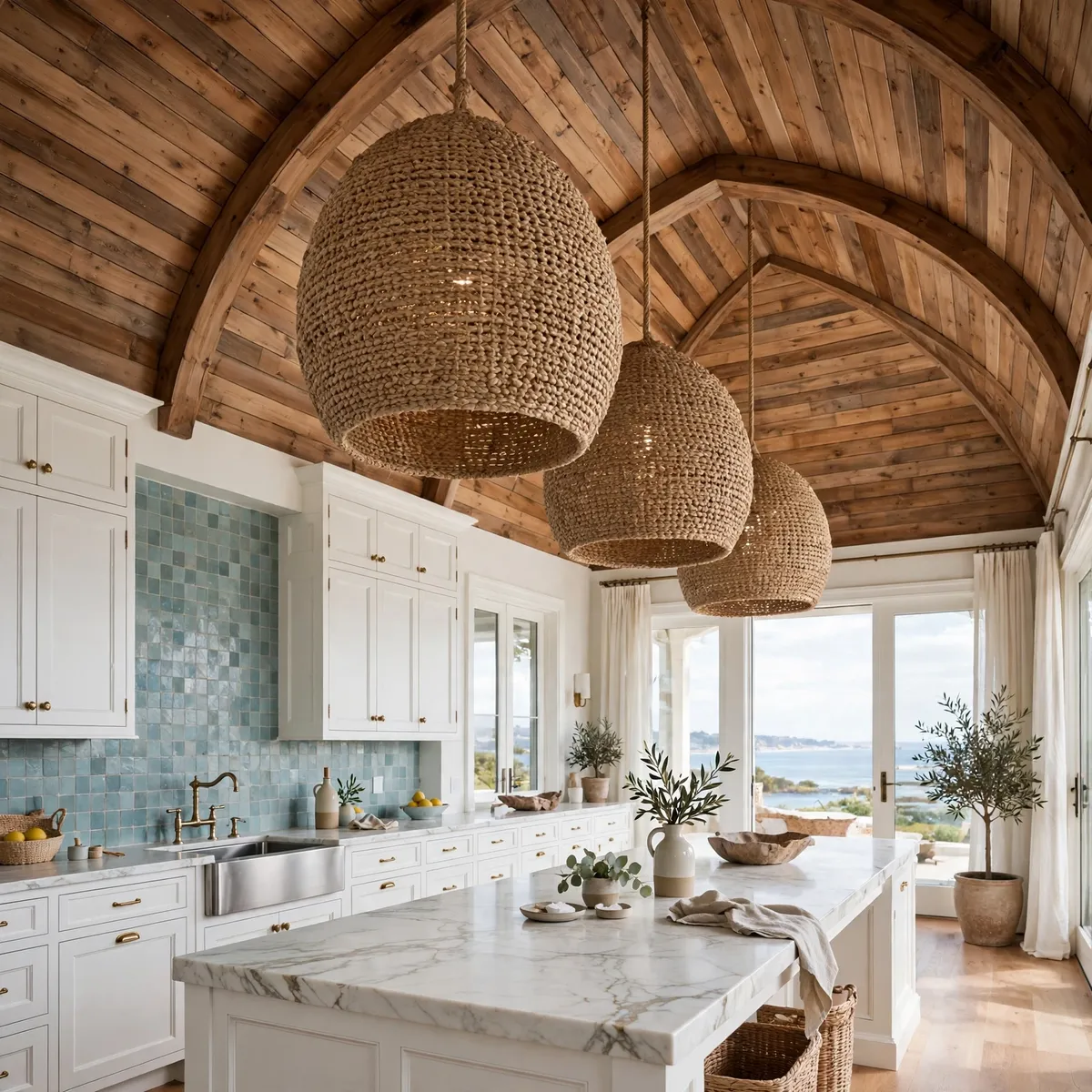coastal kitchen ideas: Raise the Eye With a Warm Planked Ceiling