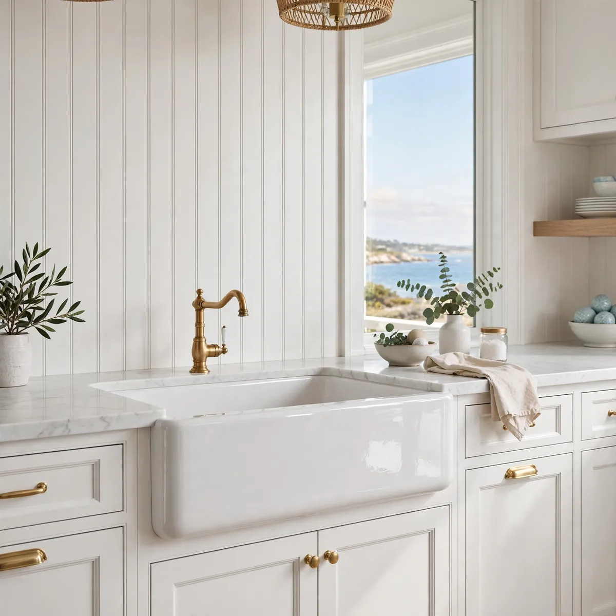 coastal kitchen ideas: Install a Glossy White Farmhouse Sink