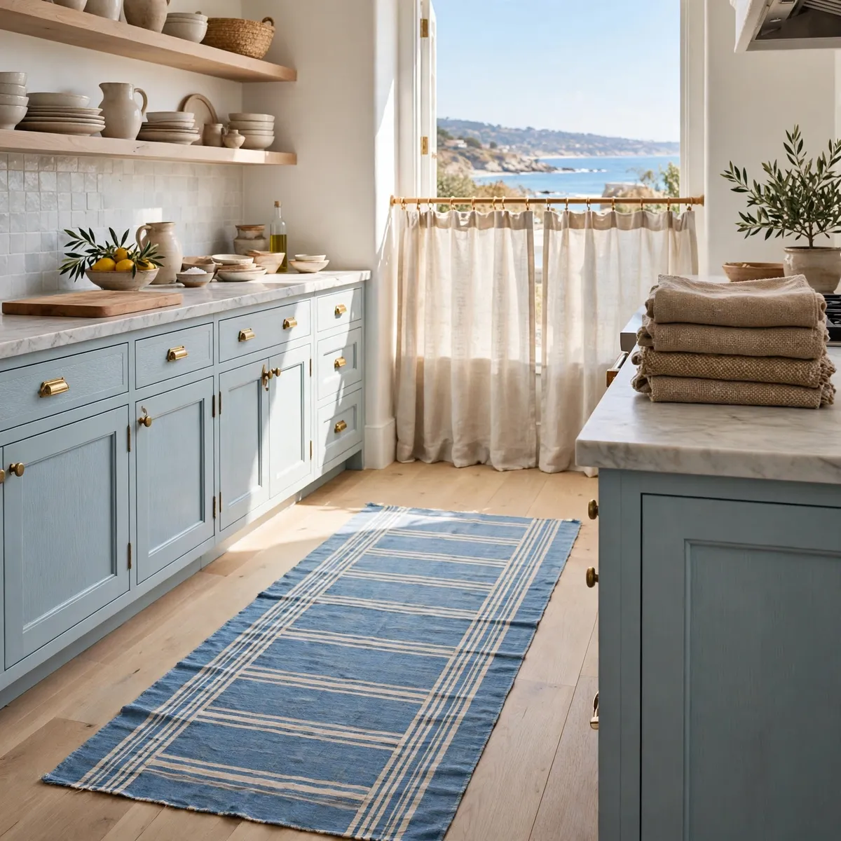 coastal kitchen ideas: Dress It in Linen and Stripes