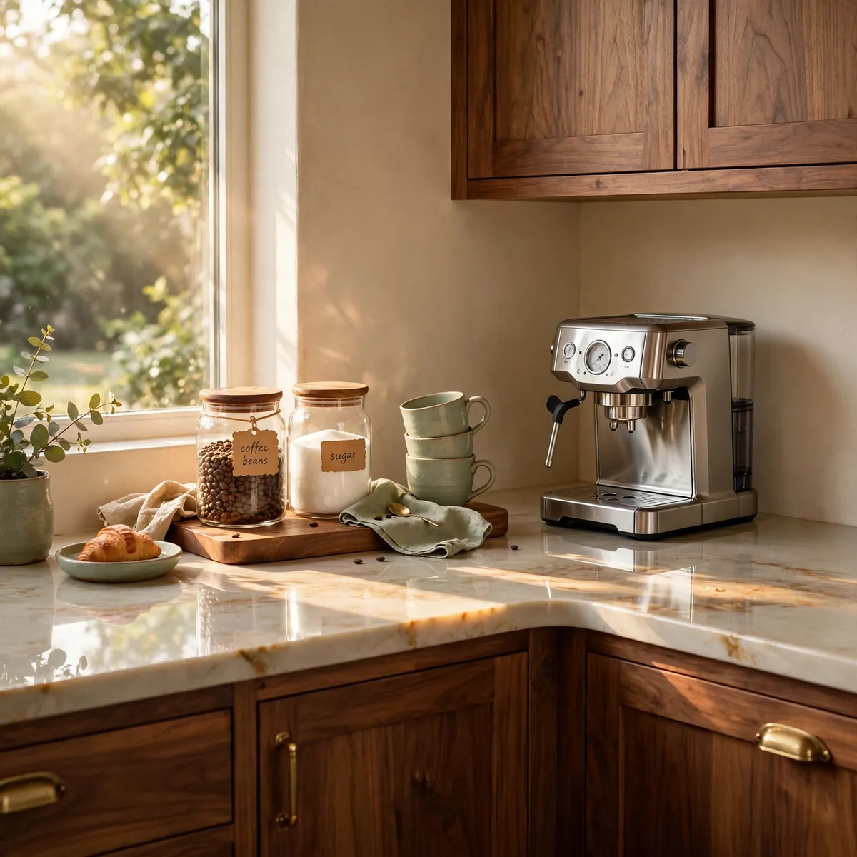 coffee bar ideas: walnut kitchen counter corner with espresso machine, glass bean jars and sage-green mugs in morning light