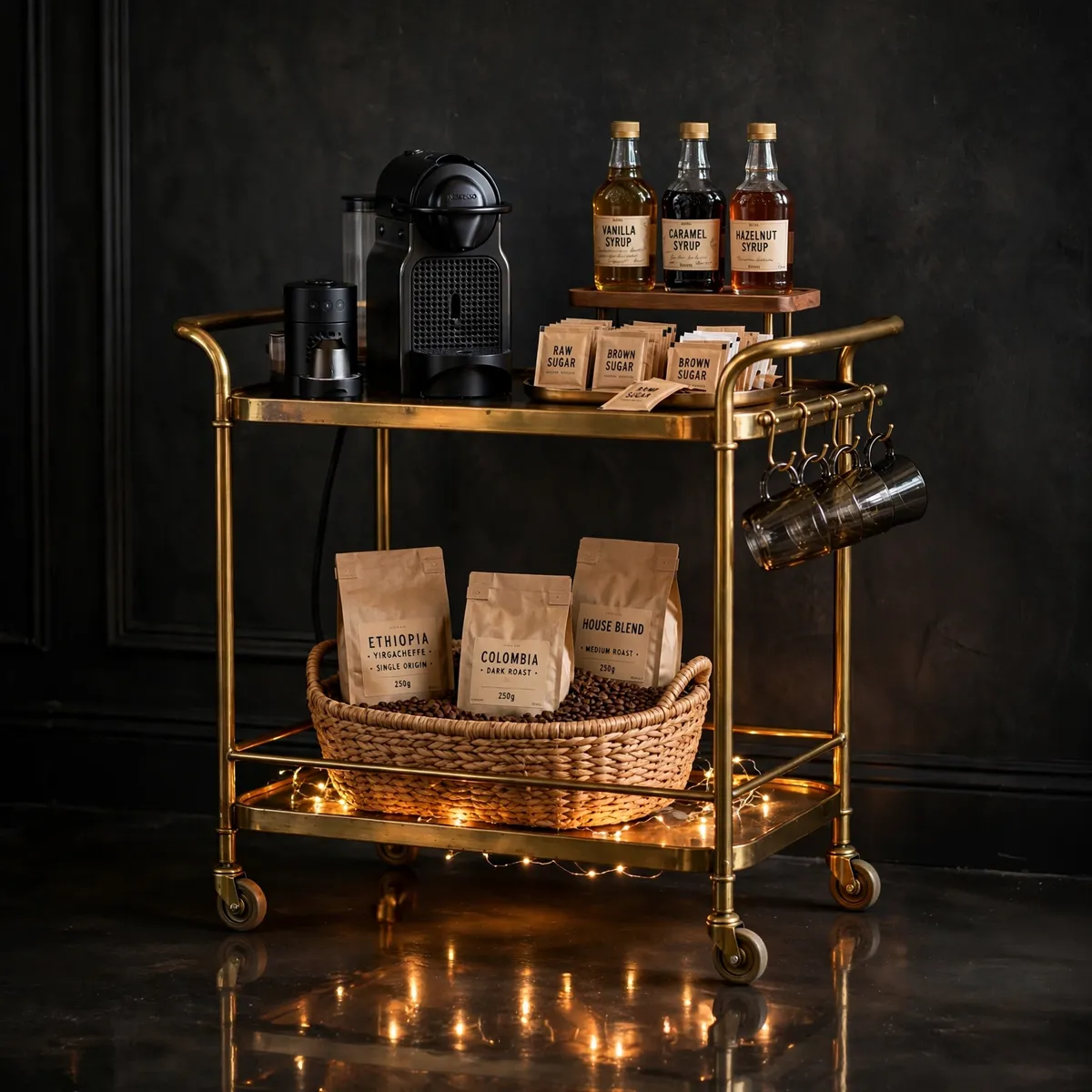 coffee bar ideas: brass rolling bar cart styled as a coffee station against a charcoal wall with glowing lights