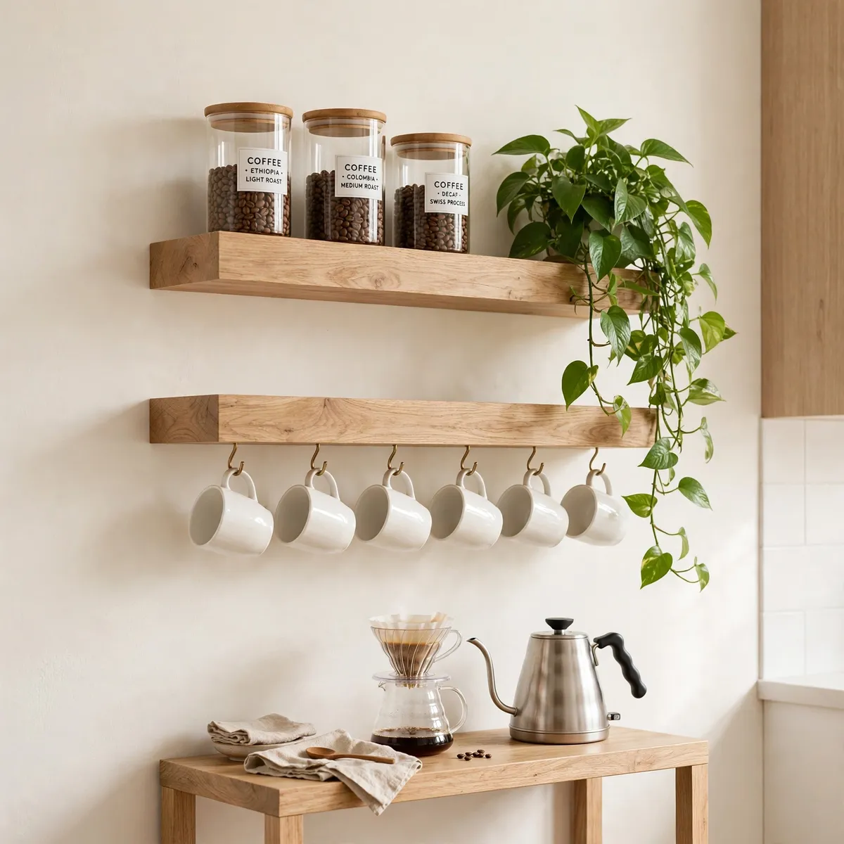 coffee bar ideas: white-oak floating shelves with hanging mugs, glass canisters and a pothos plant over a small coffee table