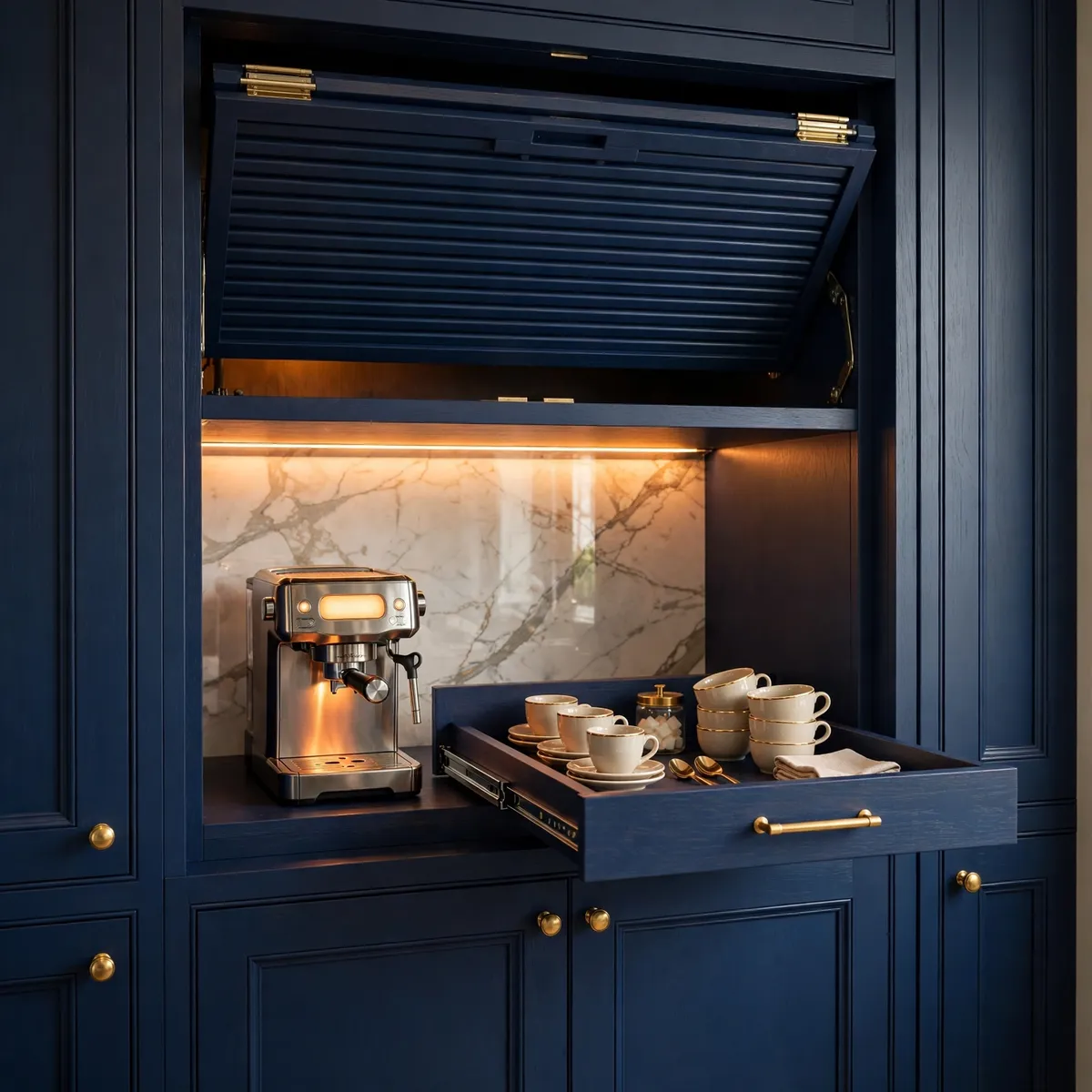 coffee bar ideas: navy appliance garage with rolled-up doors revealing a lit espresso station with brass hardware