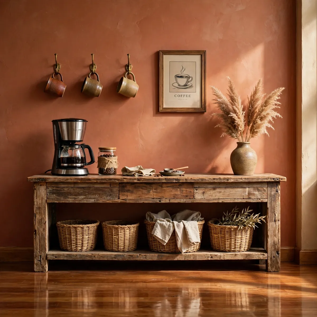 coffee bar ideas: vintage wooden console against a terracotta wall with drip coffee maker, earthy mugs and baskets