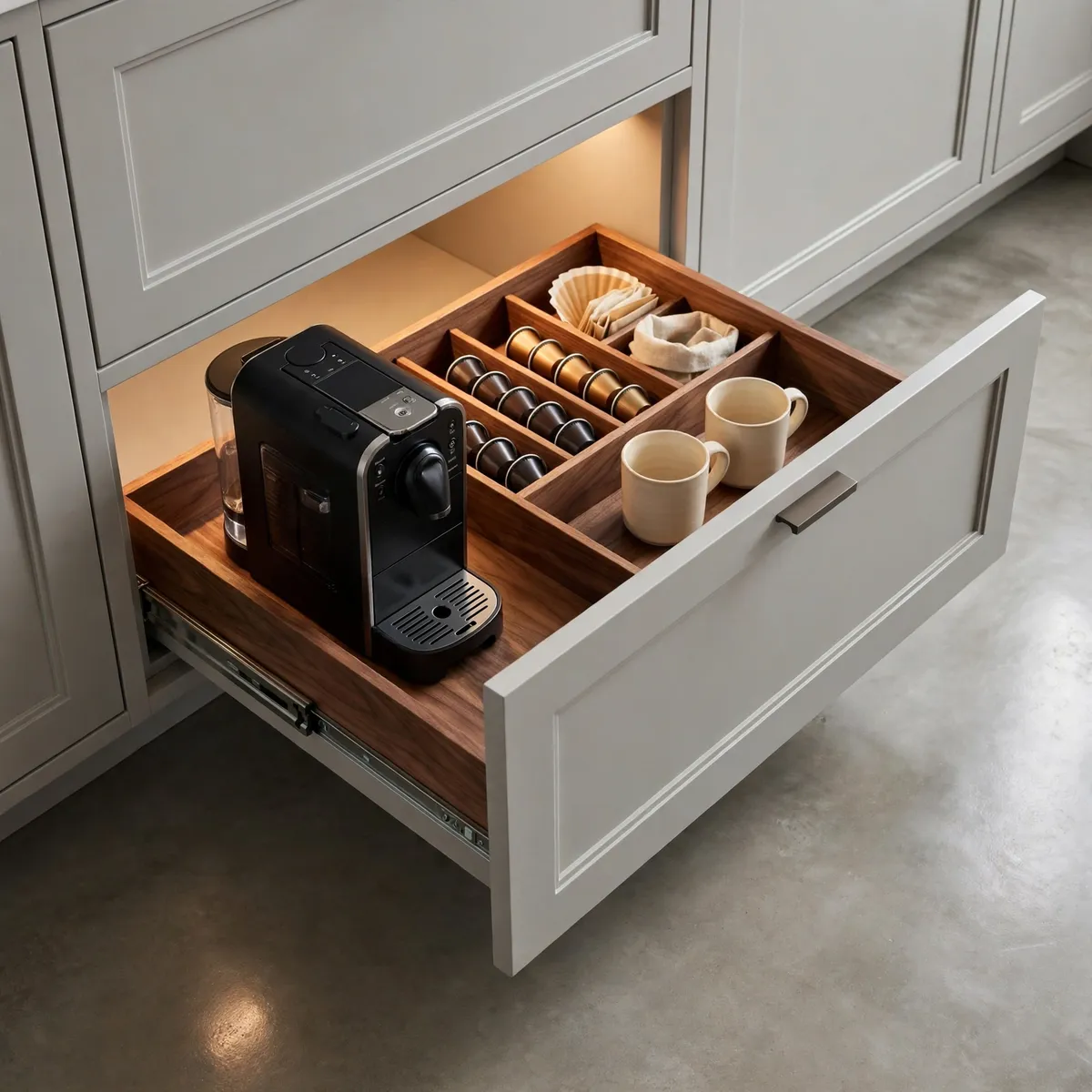 coffee bar ideas: gray kitchen cabinet with pull-out drawer revealing a hidden coffee station with fitted organizers