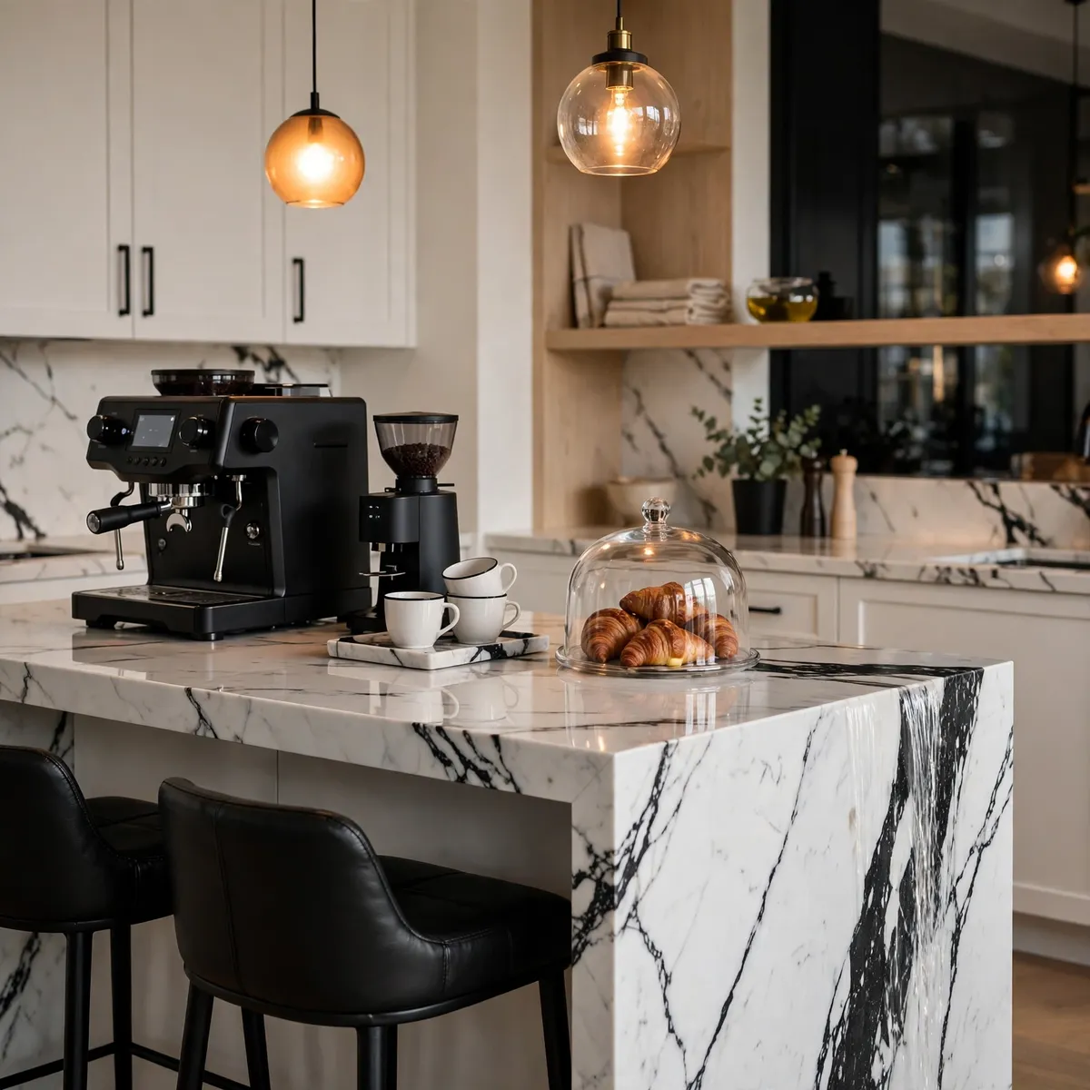 coffee bar ideas: white marble kitchen island with black espresso machine, grinder and bar stools under pendant lights