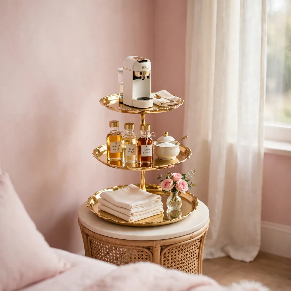 coffee bar ideas: three-tier gold tray on a small side table forming a tiny blush-pink coffee bar with roses