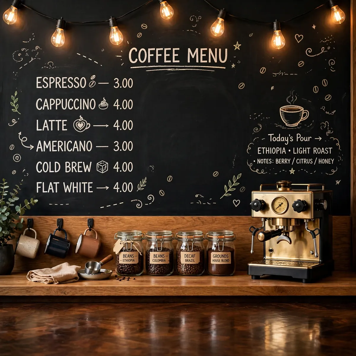 coffee bar ideas: black chalkboard menu wall with oak counter, vintage espresso machine and Edison-bulb string lights