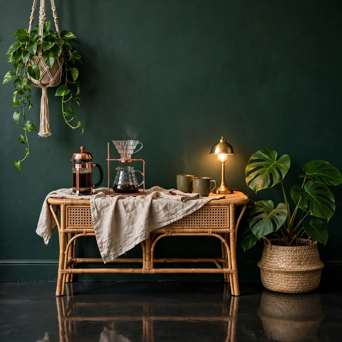 coffee bar ideas: deep-green wall nook with rattan table, copper French press, brass lamp and leafy plants