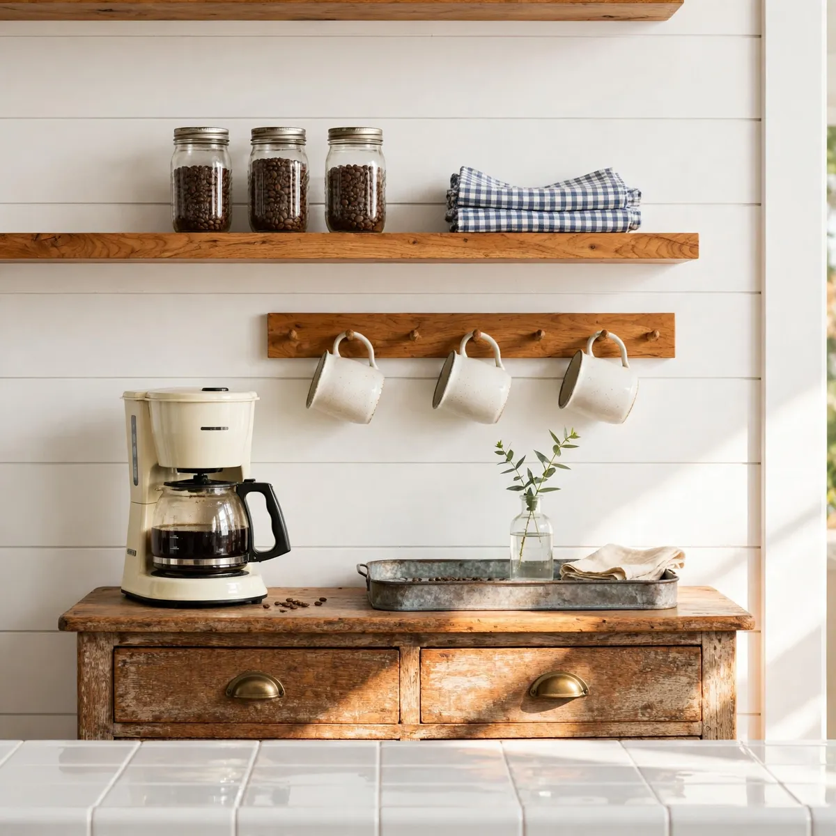 coffee bar ideas: farmhouse coffee bar with white shiplap backsplash, honey-oak shelves and mason jars in morning sun
