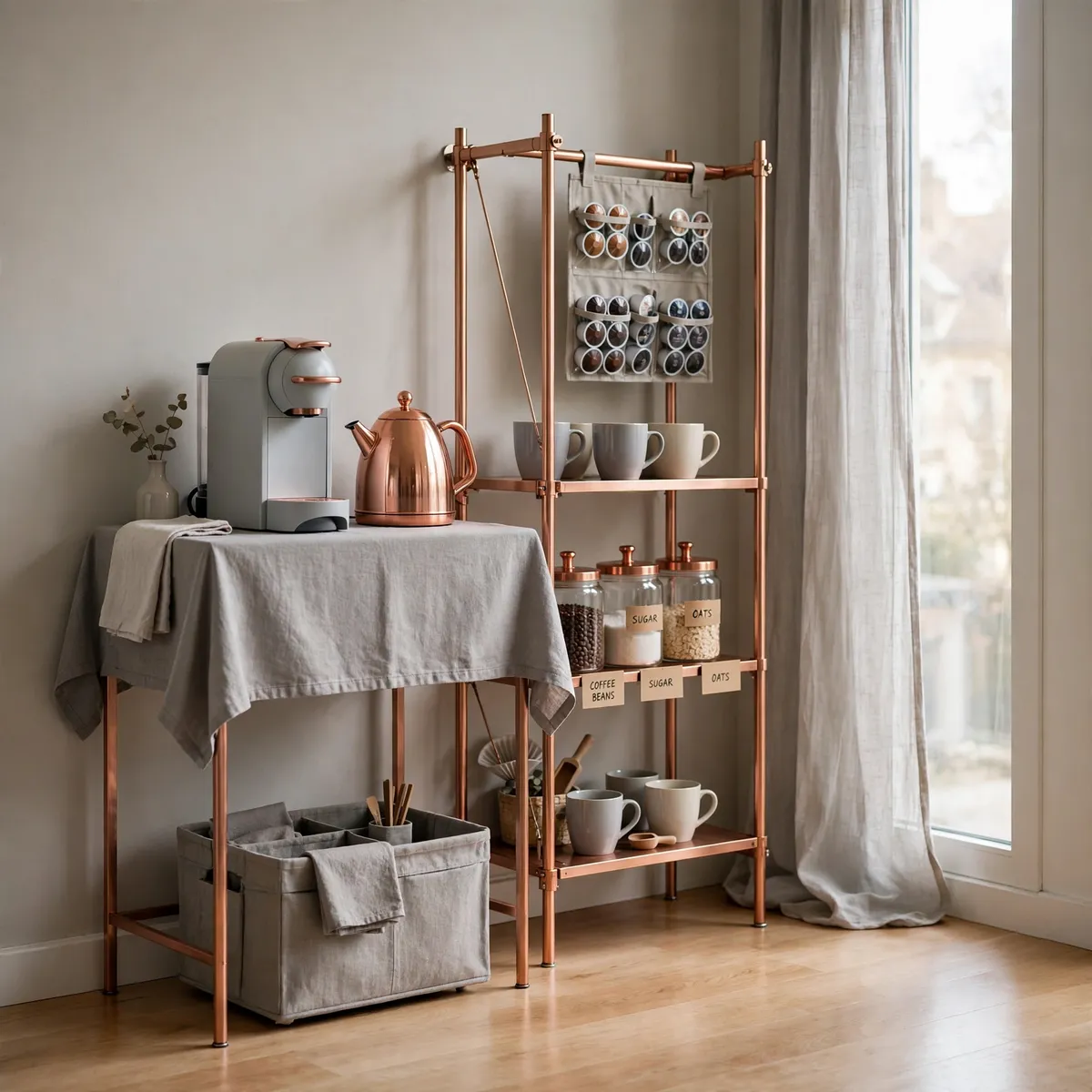coffee bar ideas: renter-friendly coffee station with slim gray console, tension-pole shelf and copper accents by a window