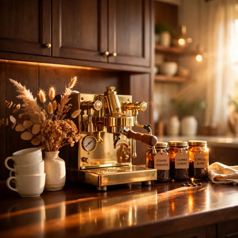 coffee bar ideas: warm golden-hour home coffee bar with brass espresso machine, amber bean jars and cream mugs