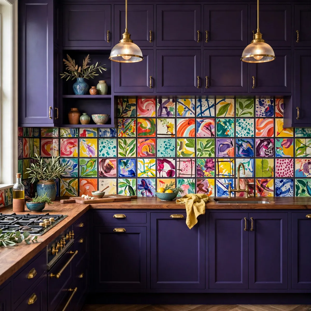 colorful kitchen ideas: Pair Violet Cabinets With Abstract Tile