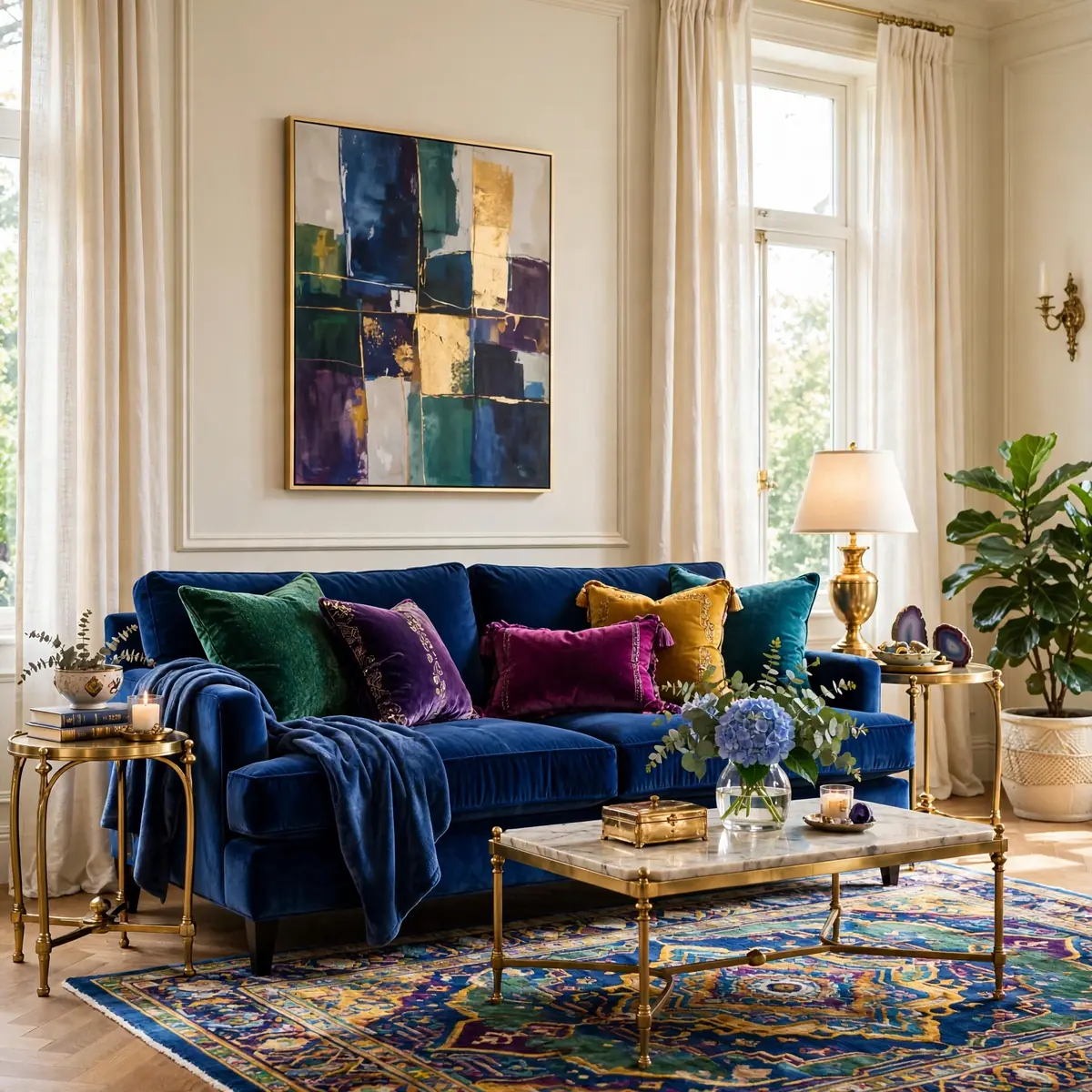 colorful sitting room ideas: Jewel-Tone Velvet Sofa