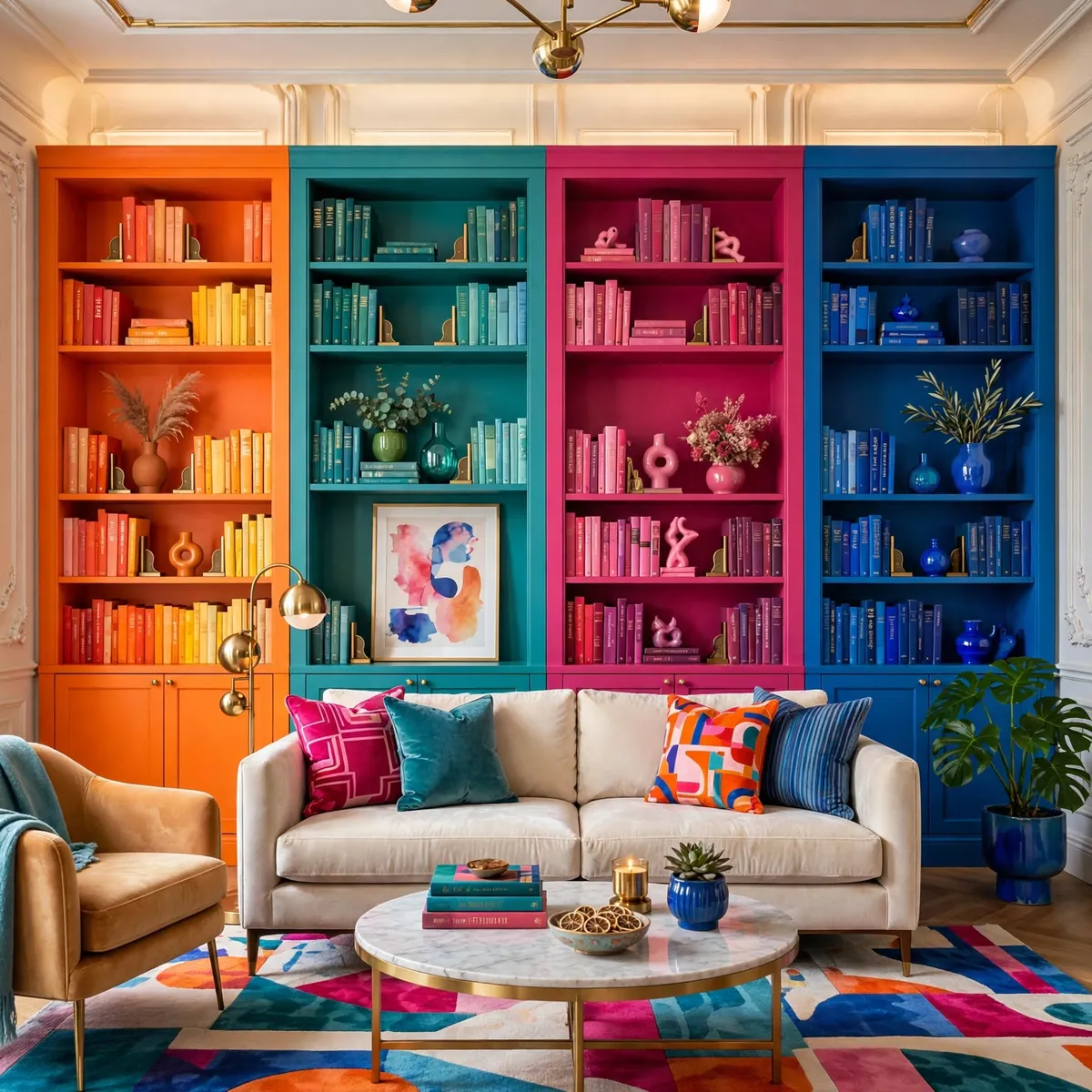 colorful sitting room ideas: Color-Blocked Bookshelves