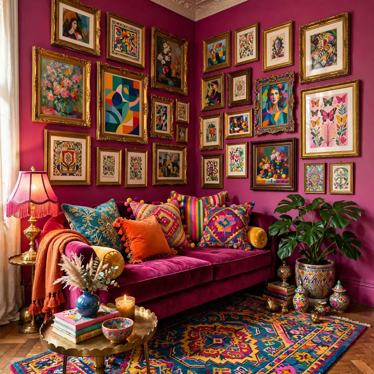 colorful sitting room ideas: Magenta Maximalist Corner