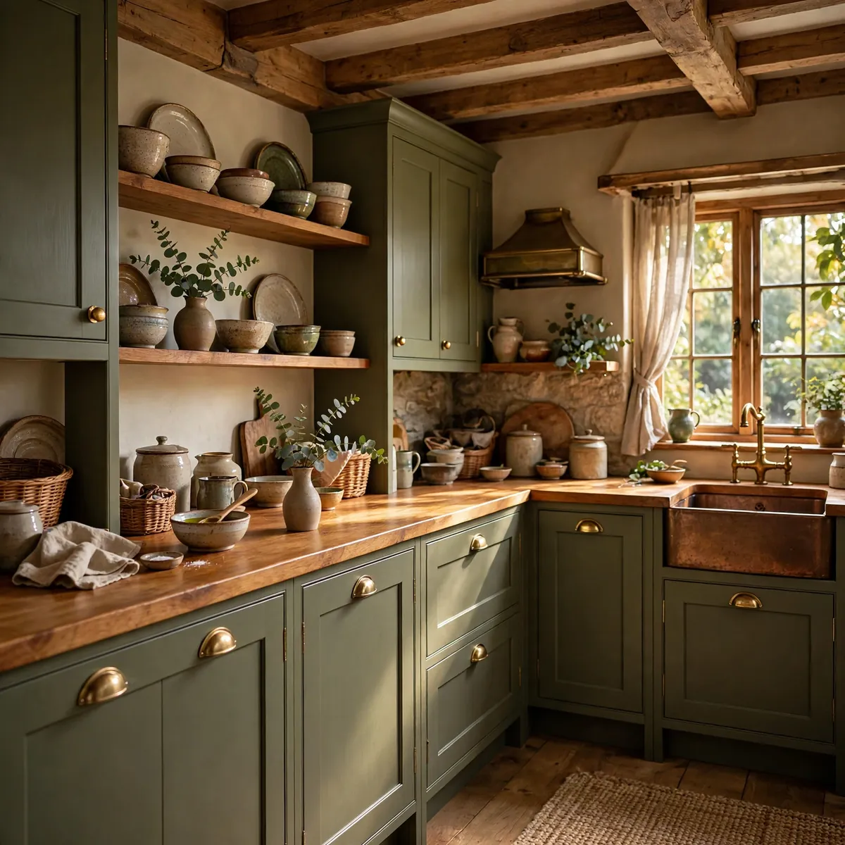 cottage kitchen ideas: Go Olive Green With Glowing Wood Counters
