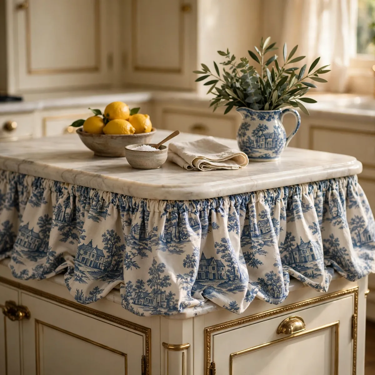cottage kitchen ideas: Skirt the Island With Gathered Fabric