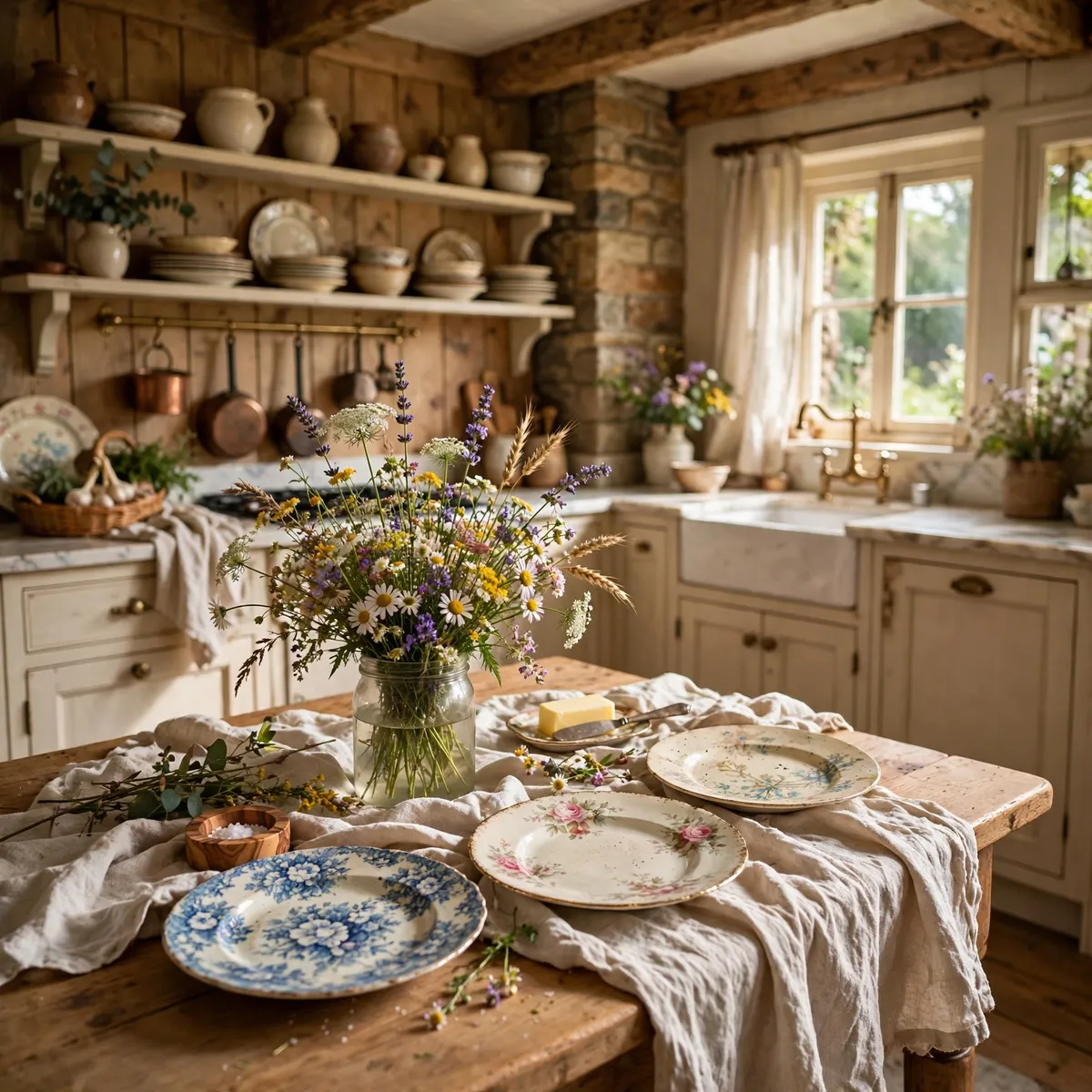cottage kitchen ideas: Dress the Table With Linen and Wildflowers