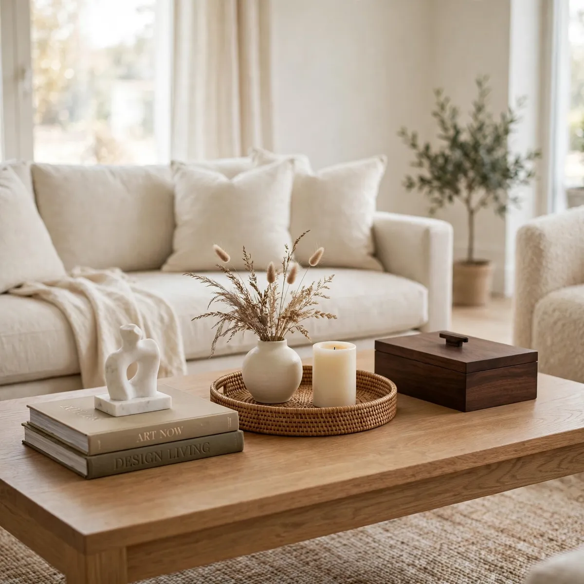 coffee table decor ideas: the three-part formula with books, tray, and storage box