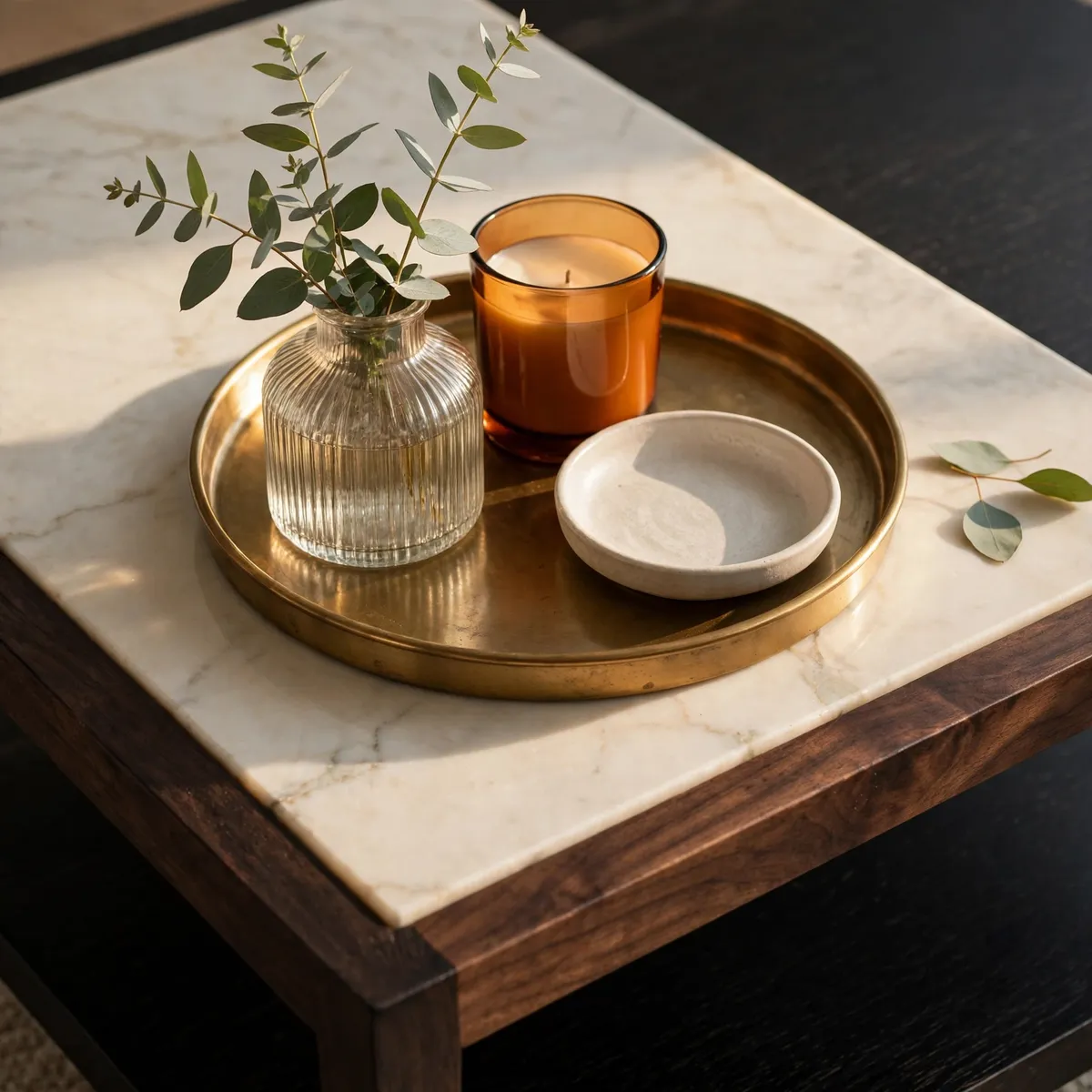 coffee table decor ideas: tray vignette on a marble coffee table
