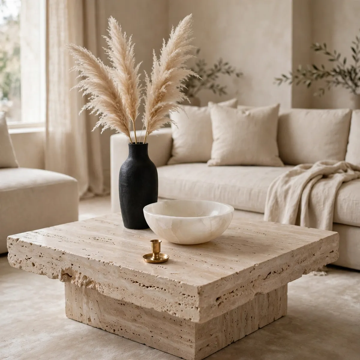 coffee table decor ideas: rule of three with varied heights on travertine