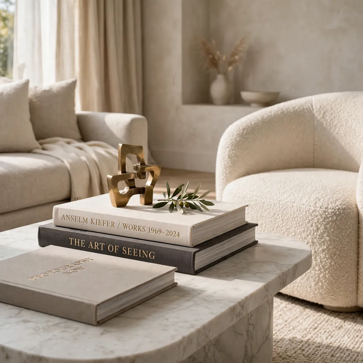 coffee table decor ideas: stack of art books with a brass sculpture on top