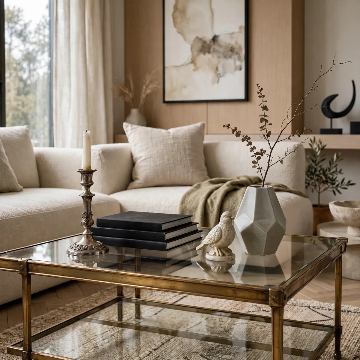 coffee table decor ideas: vintage brass candlestick with modern decor on a glass table
