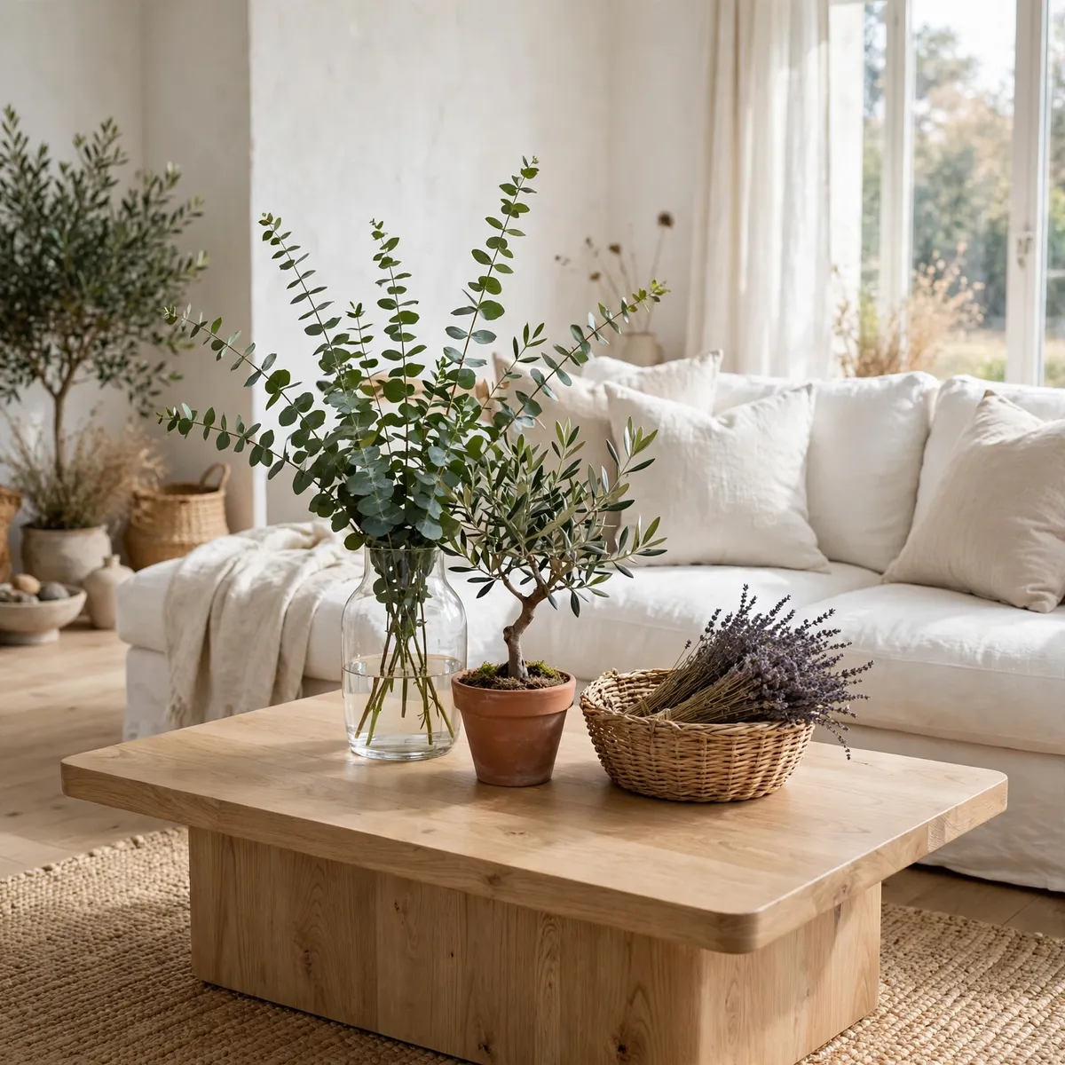 coffee table decor ideas: glass vase with eucalyptus branches and potted greenery